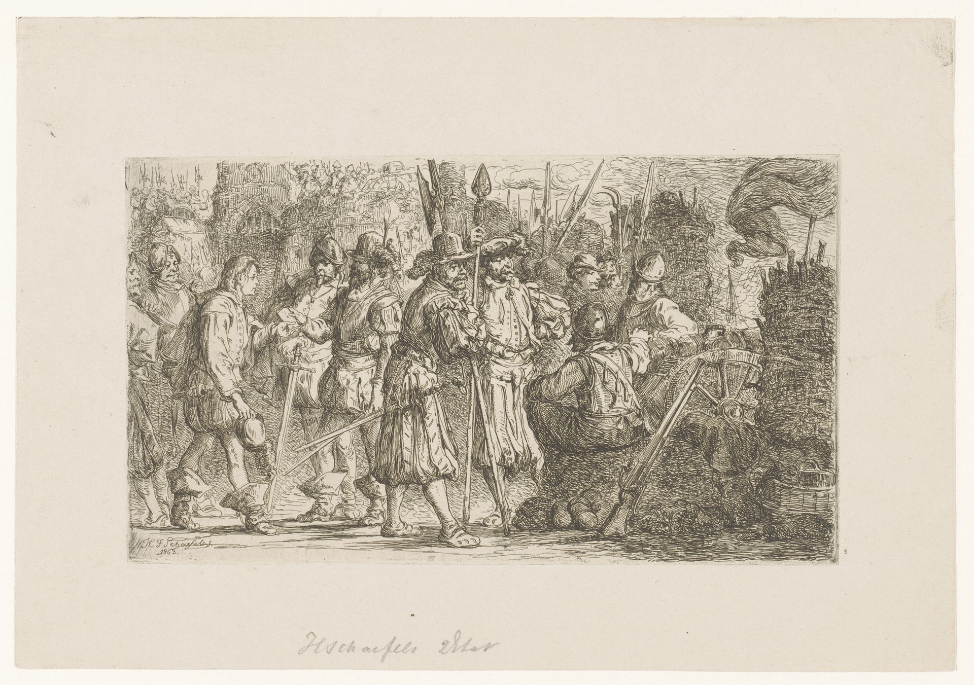 Bode geeft een brief aan een groep soldaten by Henri François Schaefels