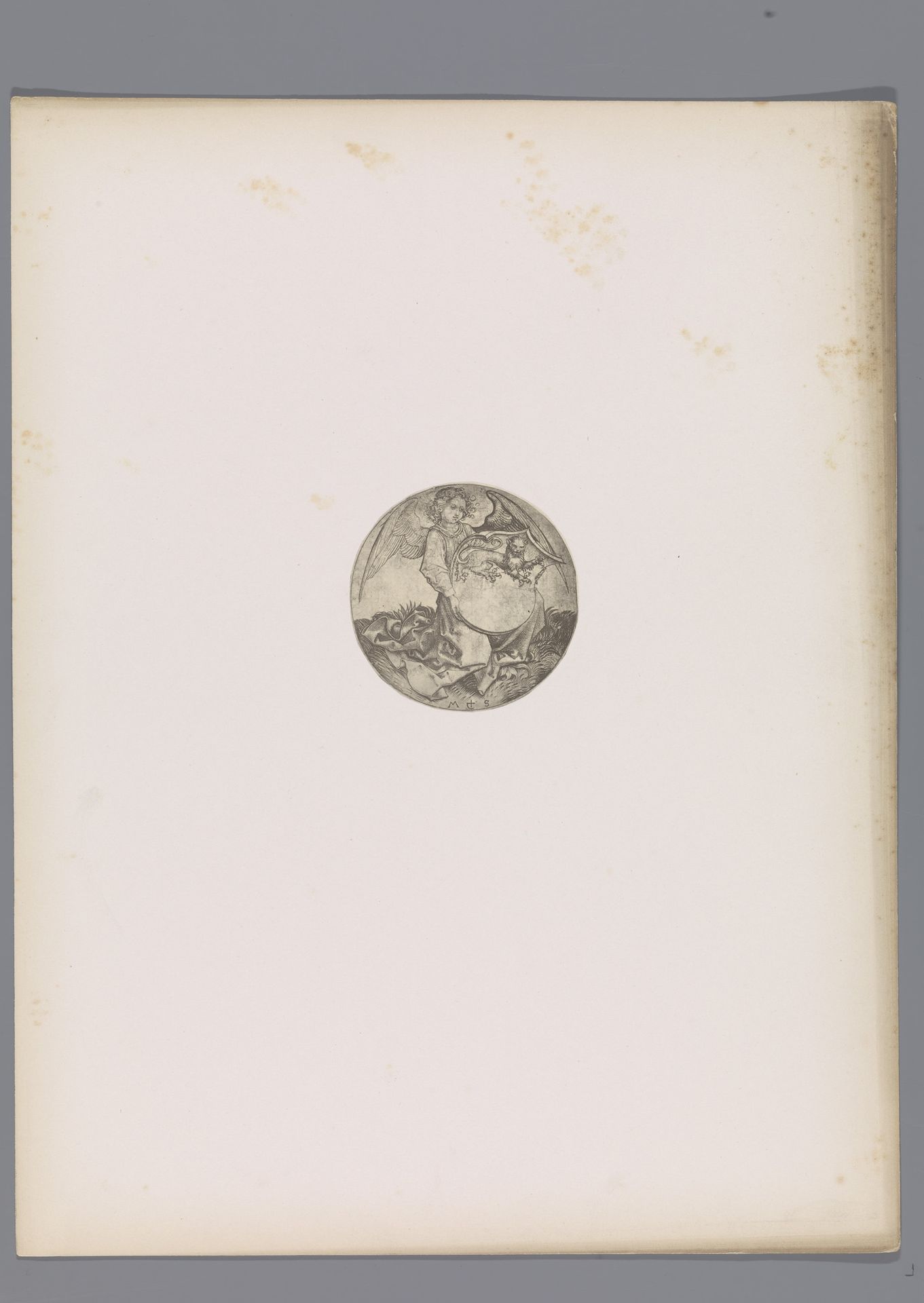 Reproductie van een prent van een schild met een leeuw, vastgehouden door een engel door Martin Schongauer by Simonau & Toovey