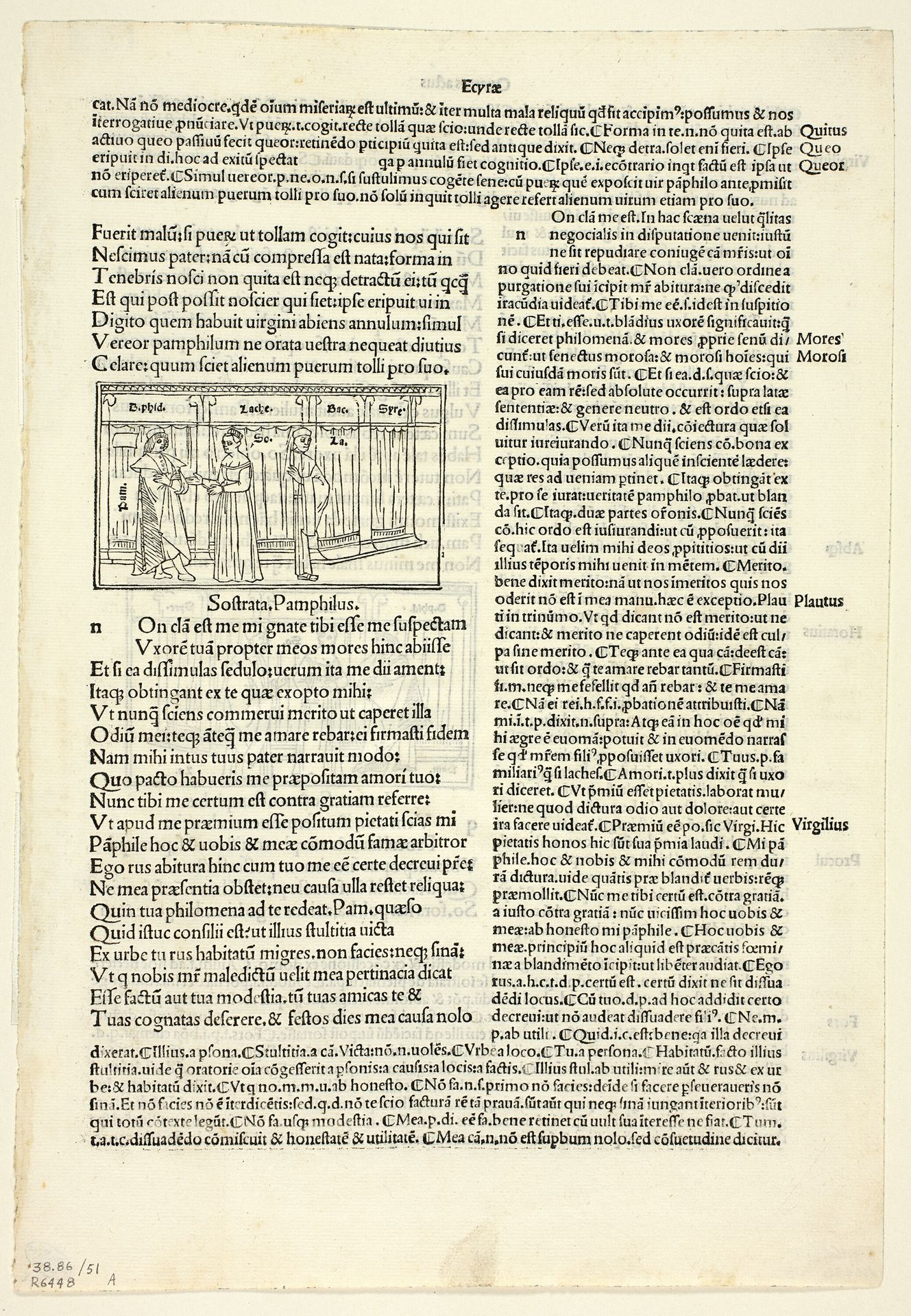 Sostrata, Pamphilus (recto) and Laches, Socrates, Pamphilus (verso) from Comoediae (Comedies), Plate 51 from Woodcuts from Books of the 15th Century by Monogrammist ia