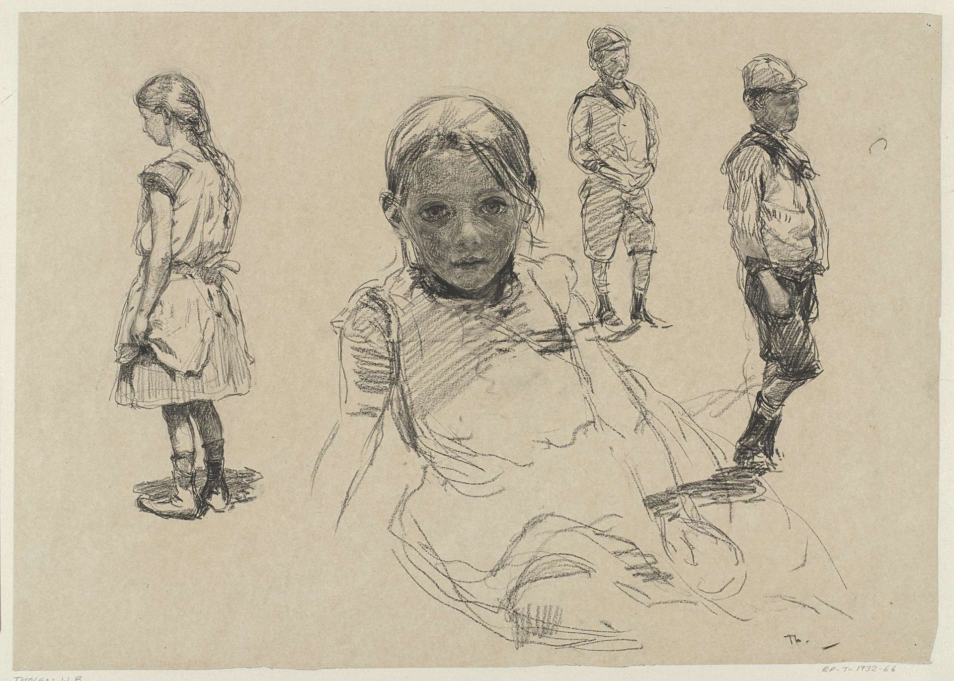 Twee studies van een meisje en twee van een jongen by Willem Bastiaan Tholen