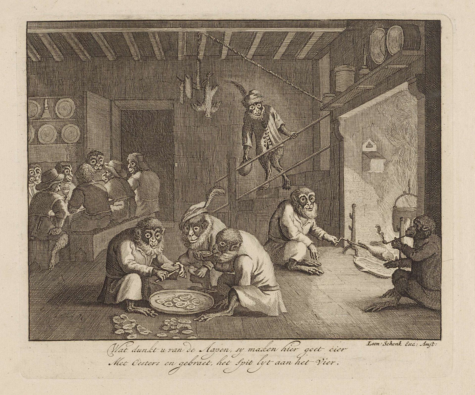 Apen eten oesters in een herberg by Leonard Schenk