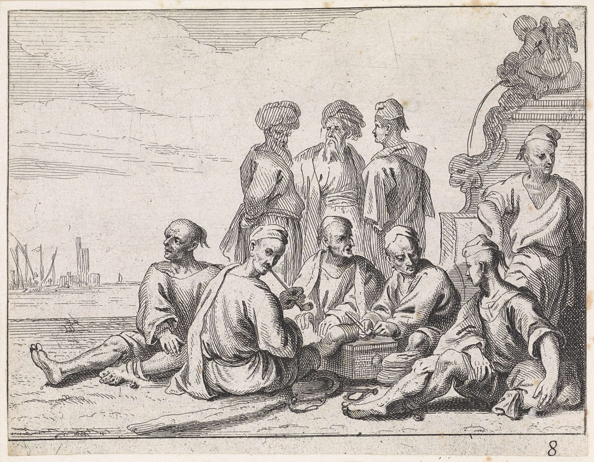 Islamitische galeislaven rusten bij een fontein by Cornelis de Wael