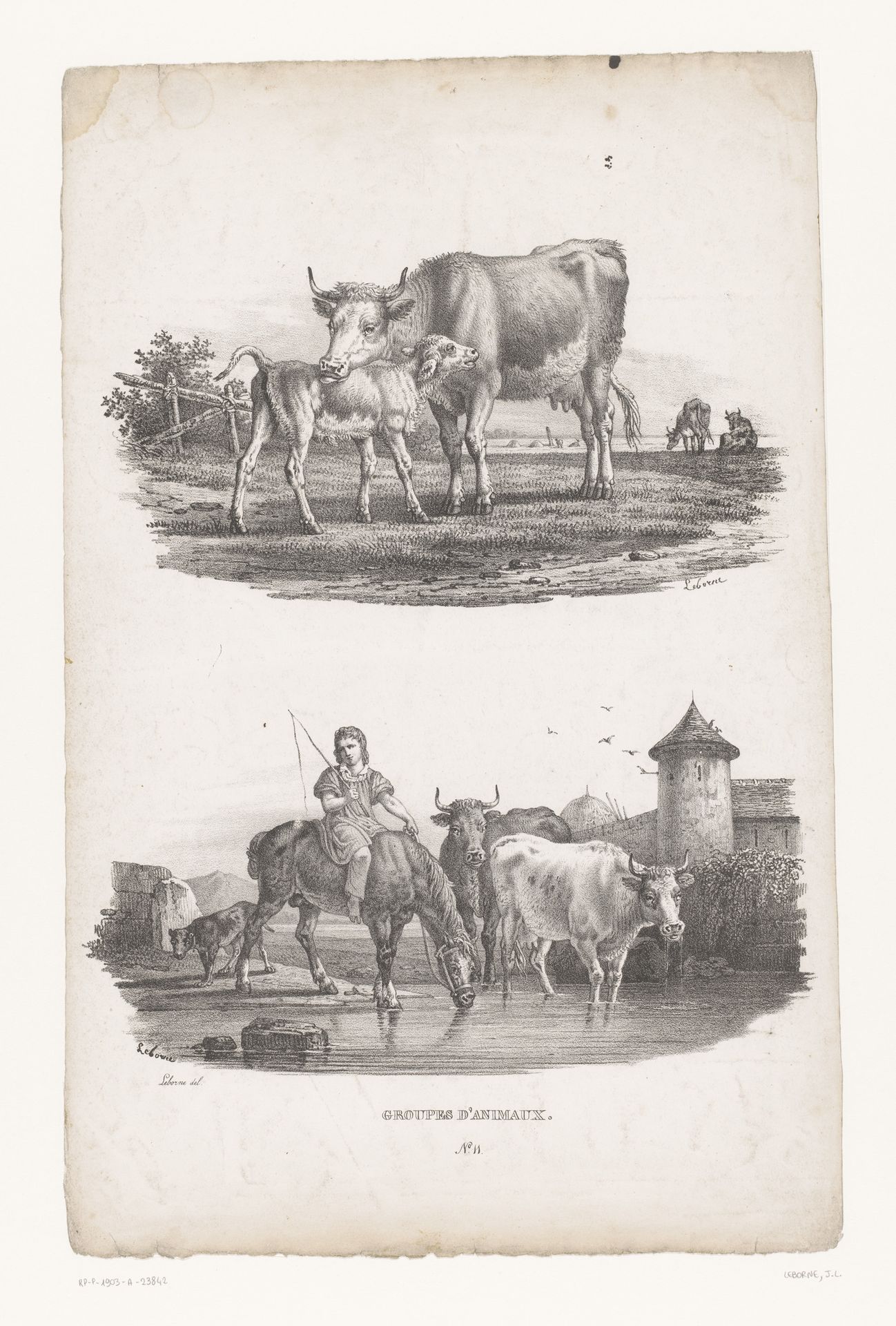 Koe met kalf en herdersjongen met koeien te paard by Joseph Louis Leborne