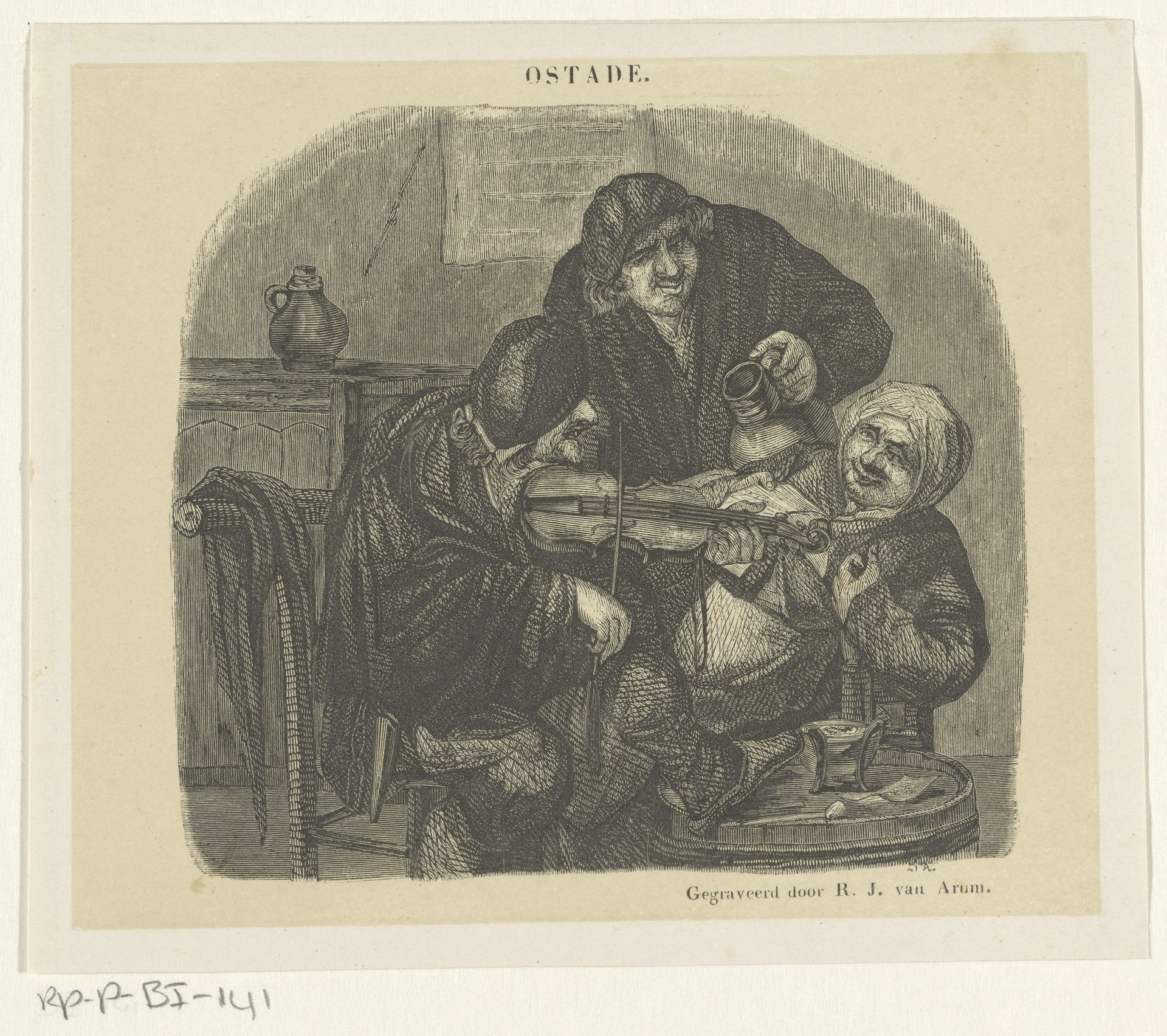 Twee boeren en een boerin drinkend en viool spelend by Rombertus Julianus van Arum