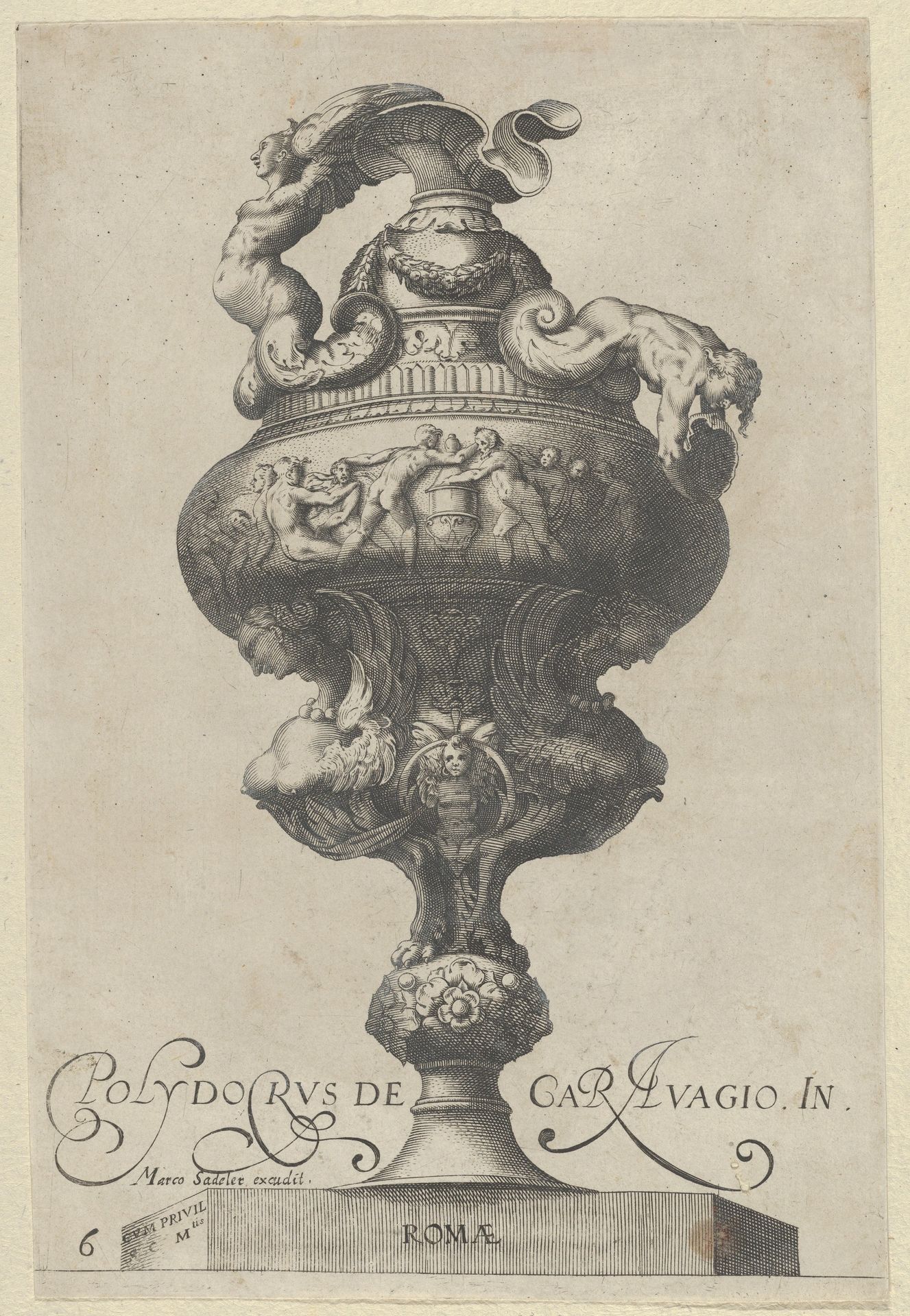 Plate 6: Vase or Ewer with a Frieze Containing Naked Figures, Supported Below by Two Female Sphinxes, from Antique Vases (Vasa a Polydoro Caravagino) by Aegidius Sadeler II