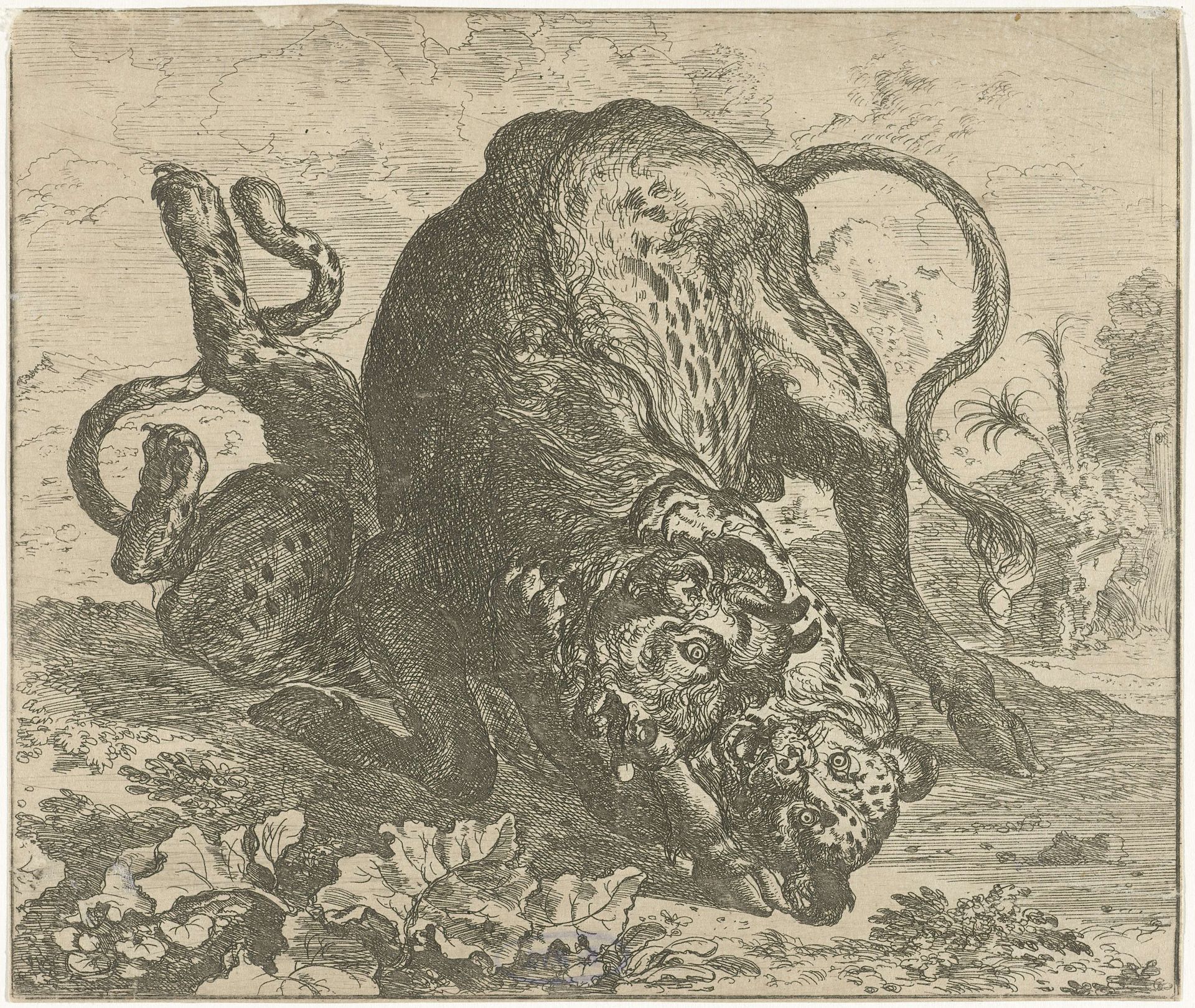 Luipaard en stier by Abraham Hondius
