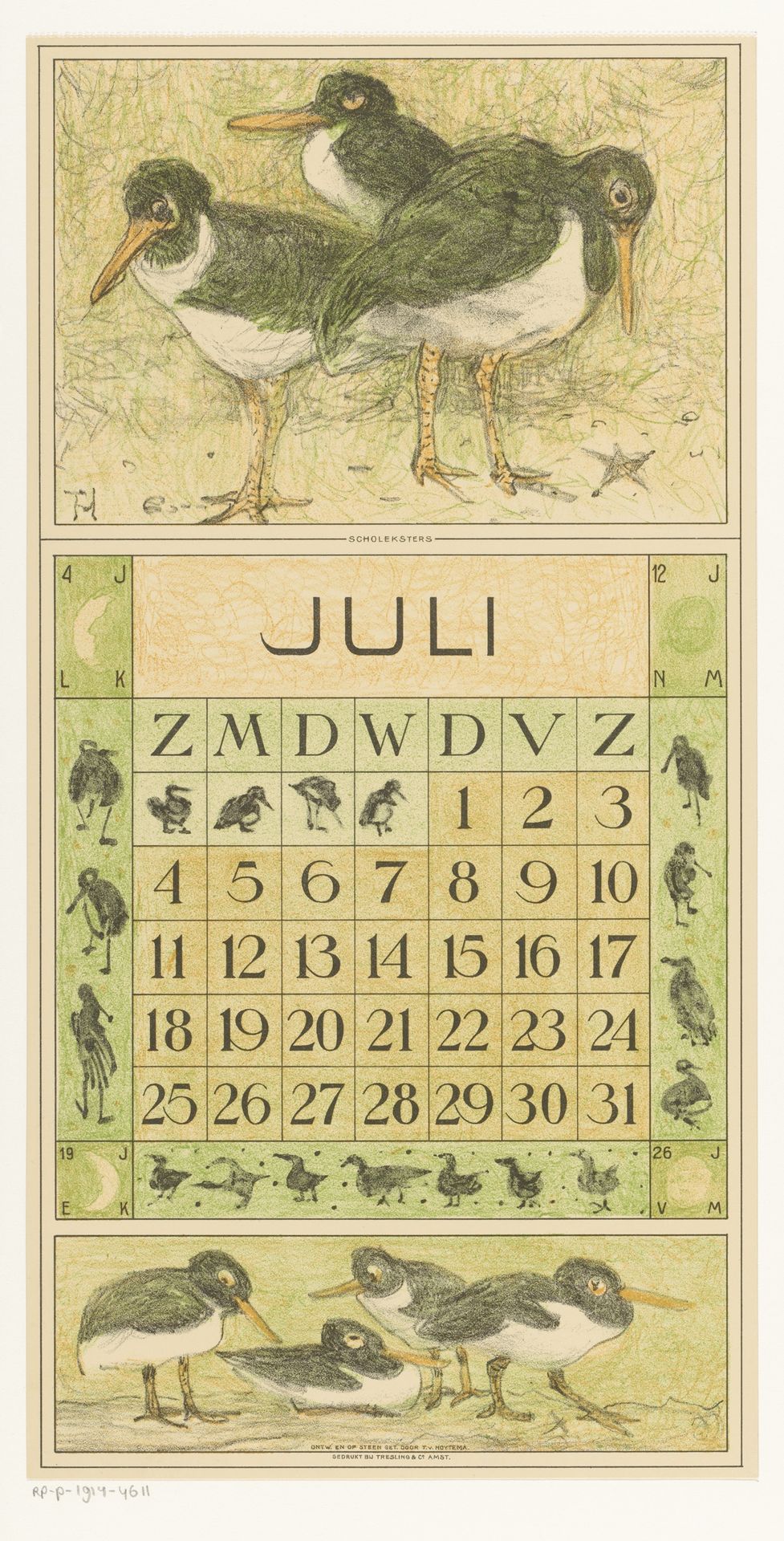 Kalenderblad juli met scholeksters by Theo van Hoytema