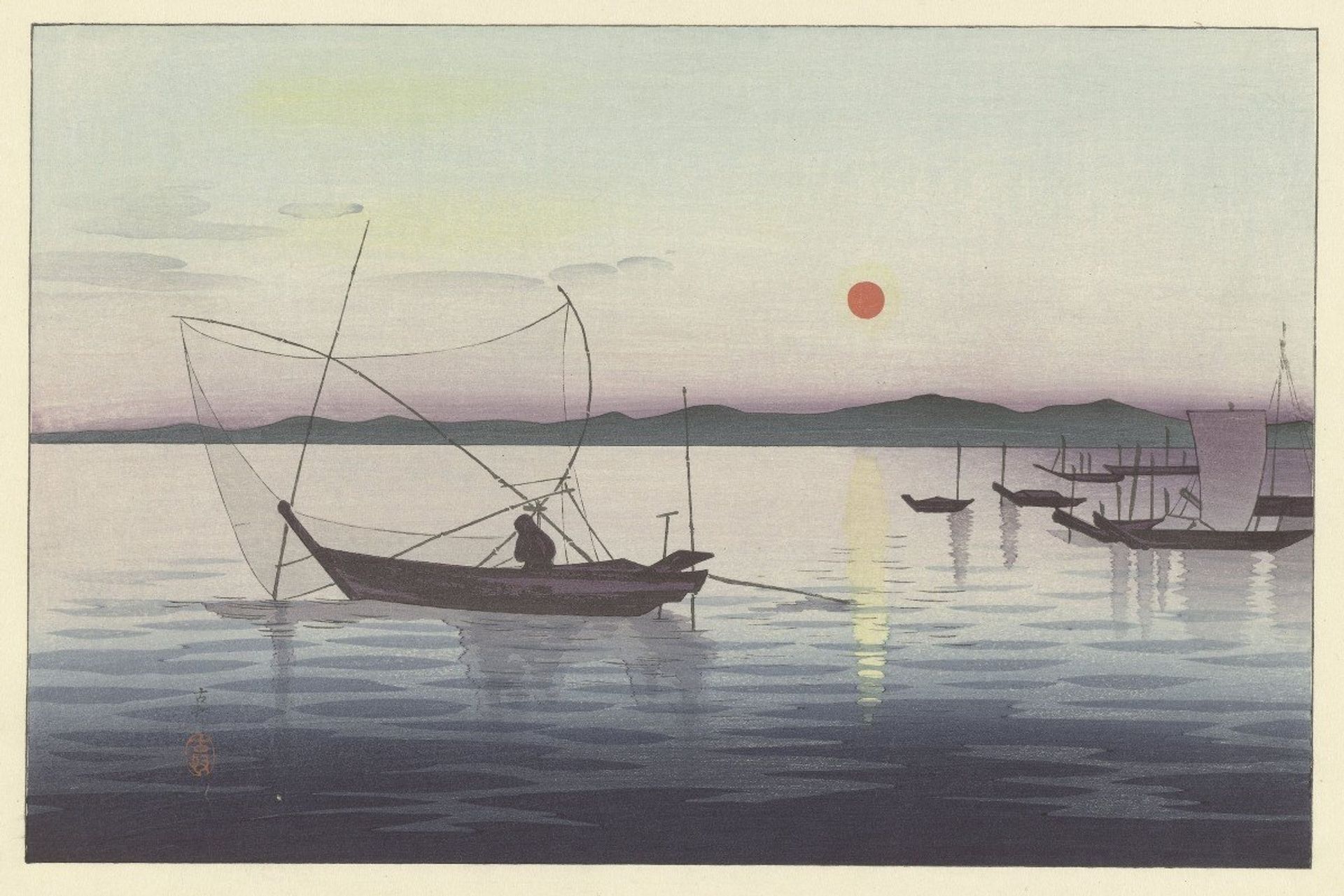 Boats and Setting Sun by Ohara Koson
