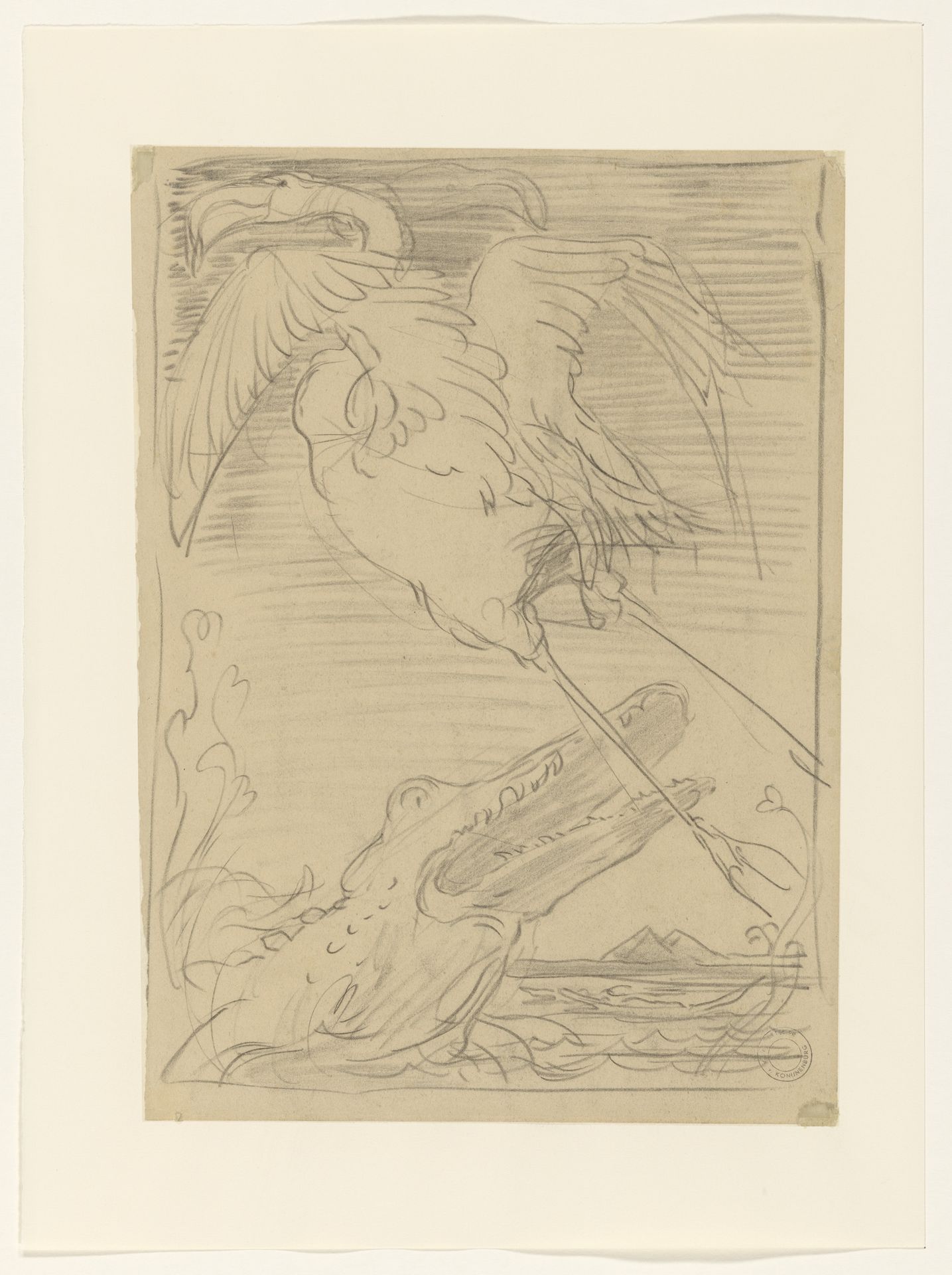 Krokodil die naar een flamingo hapt by Willem van Konijnenburg