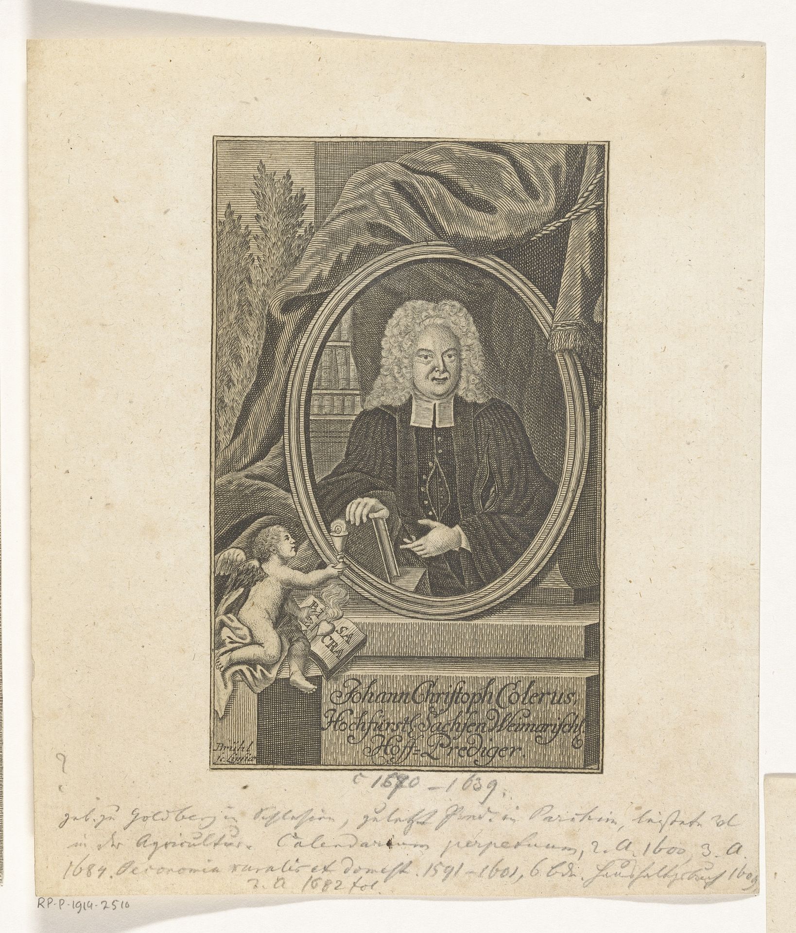 Portret van Johann Christoph Coler by Johann Benjamin Brühl