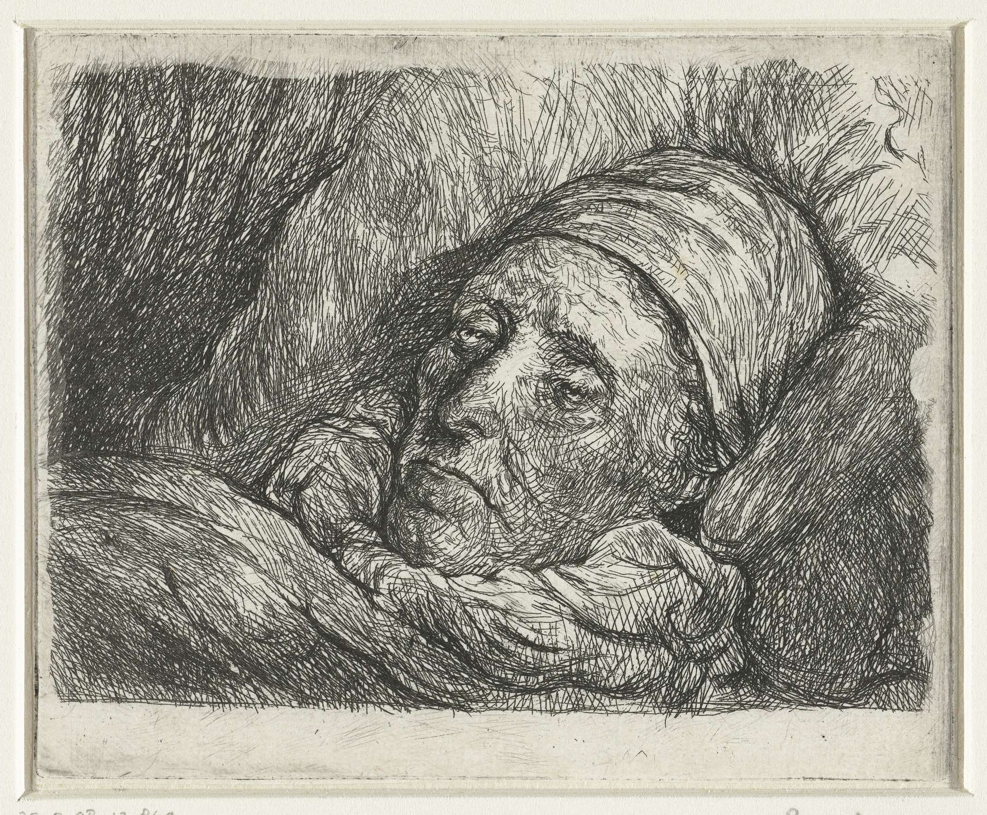 Hoofd van een oude man liggend in bed by Anonymous