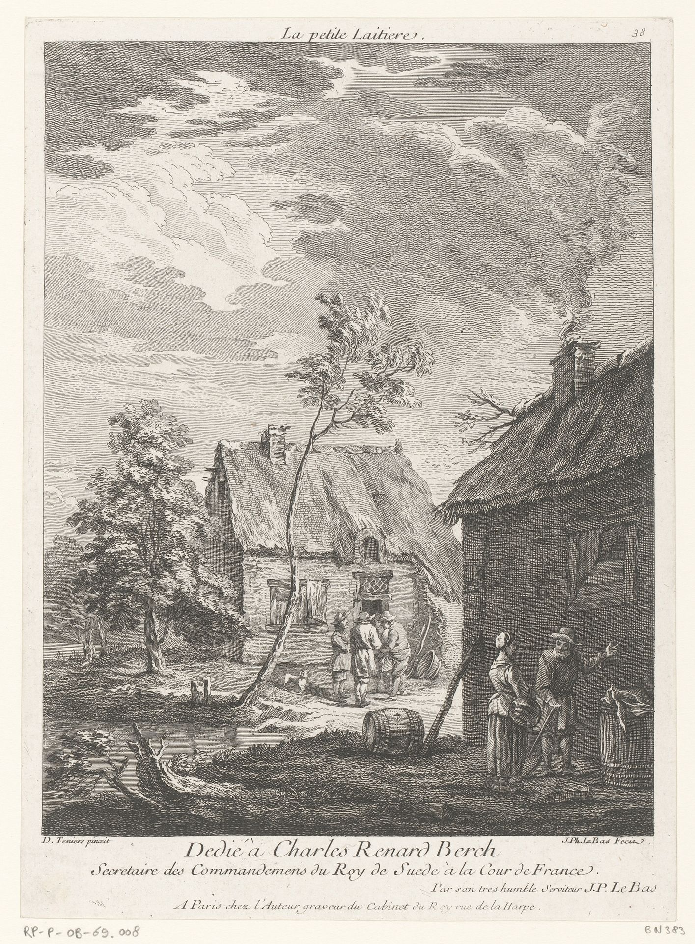 Twee boerenhuizen met verschillende figuren by Jacques Philippe Le Bas