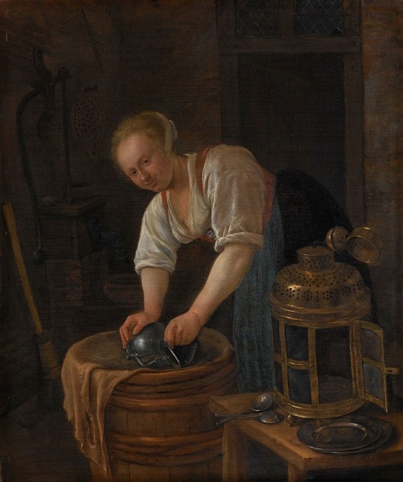 Woman scouring metalware by Jan Steen