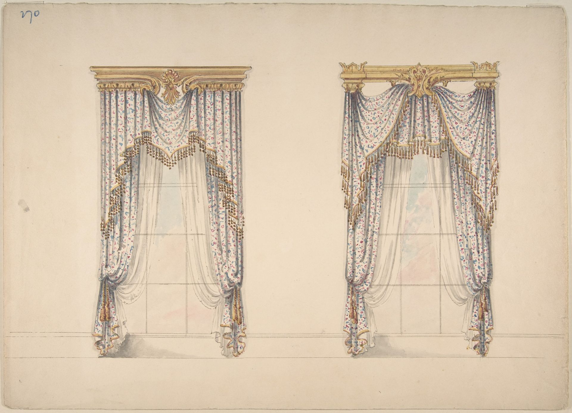 Design for Pink, Green and White Curtains with Gold and Red Fringes, and Gold Pediments by Anonymous
