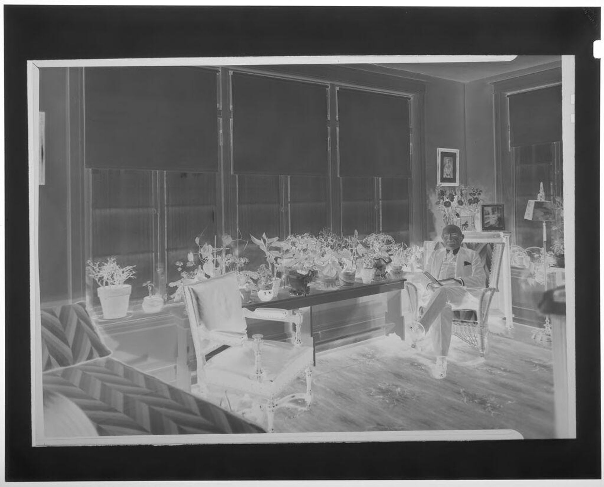 Untitled (old man posed sitting in den next to bay windows with plants on ledge) by Martin Schweig