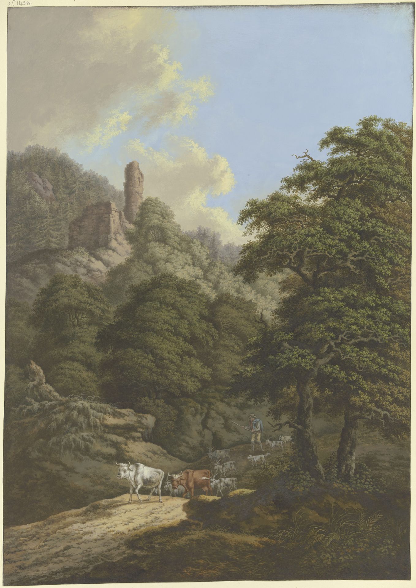 Waldige Berglandschaft mit einer Burgruine, ein Hirte treibt seine Herde von der Weide by Karl Franz Kraul