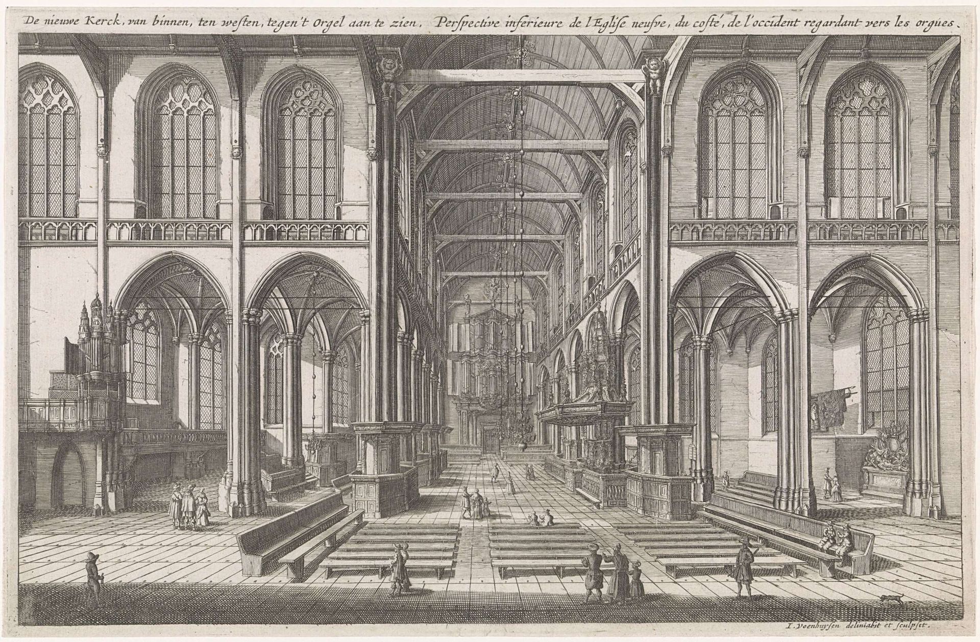 Interieur van de Nieuwe Kerk te Amsterdam, naar het westen gezien by Jan Veenhuysen