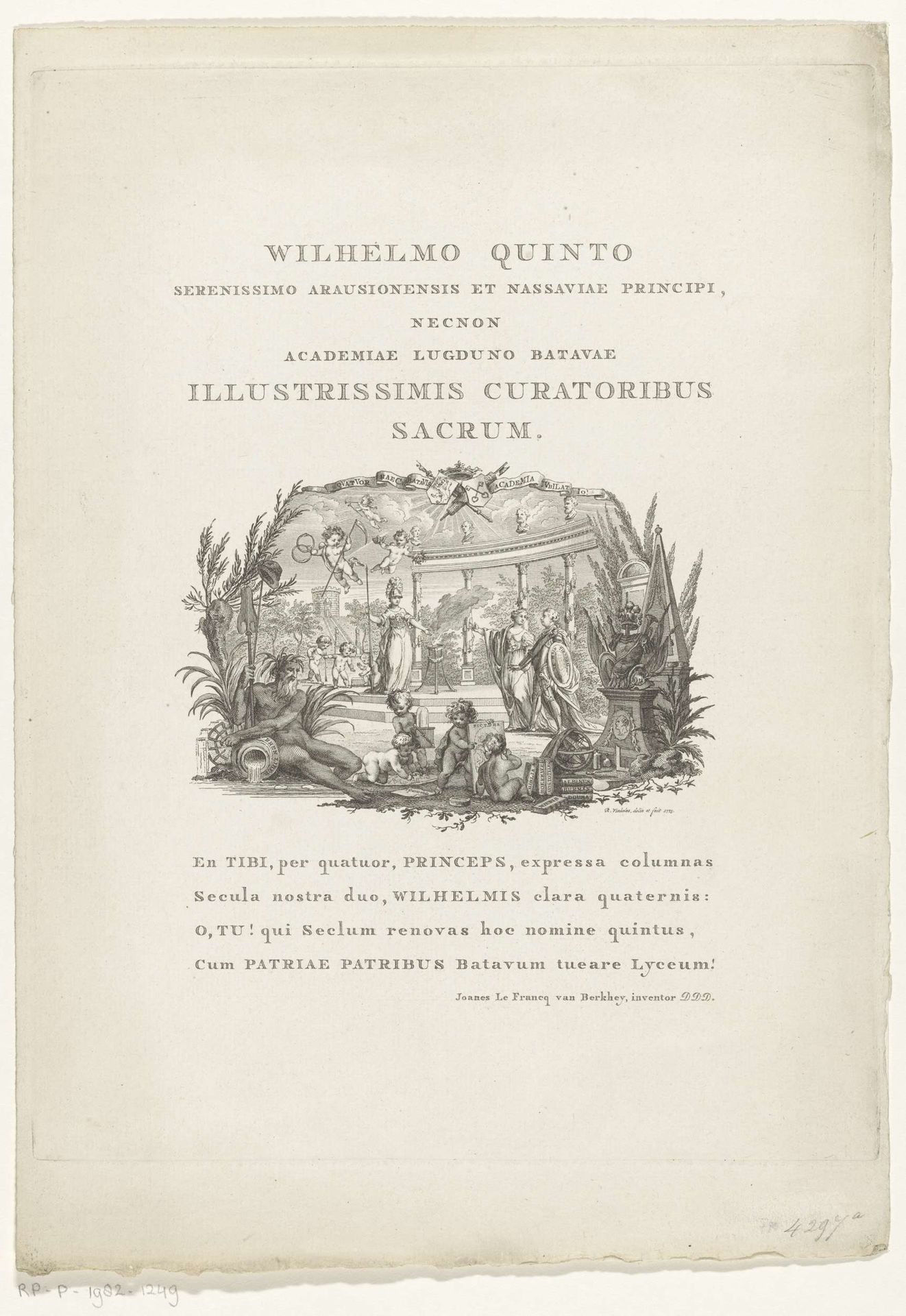 Allegorie op Willem V als beschermheer van de Leidse Academie by Reinier Vinkeles
