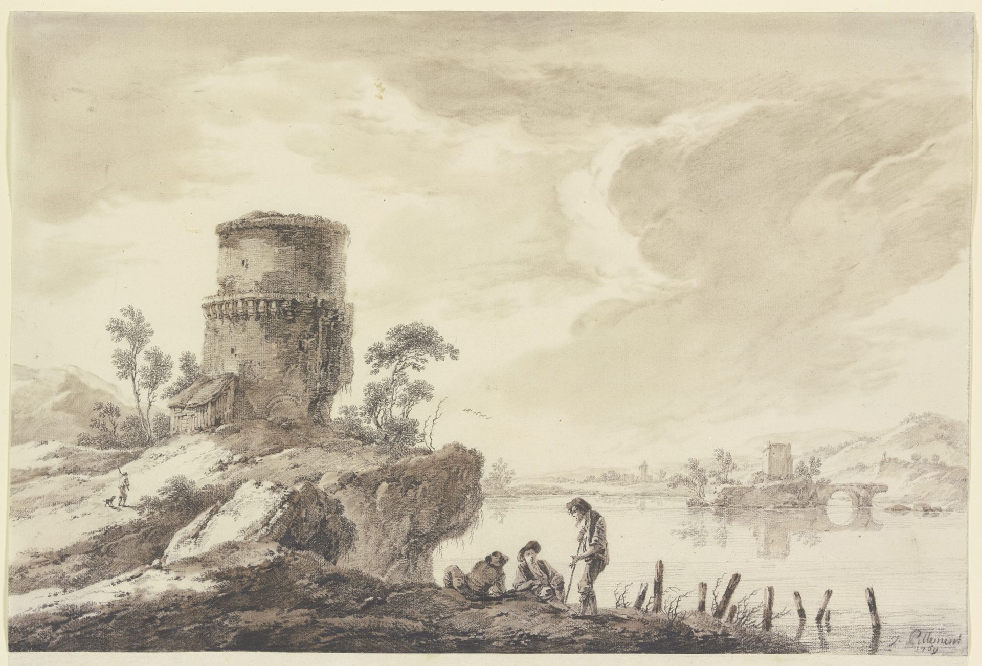 Flußgegend, im Vordergrund ein runder, im Mittelgrund auf einer Insel ein viereckiger Turm, mit Ruinen einer Brücke by Jean Pillement