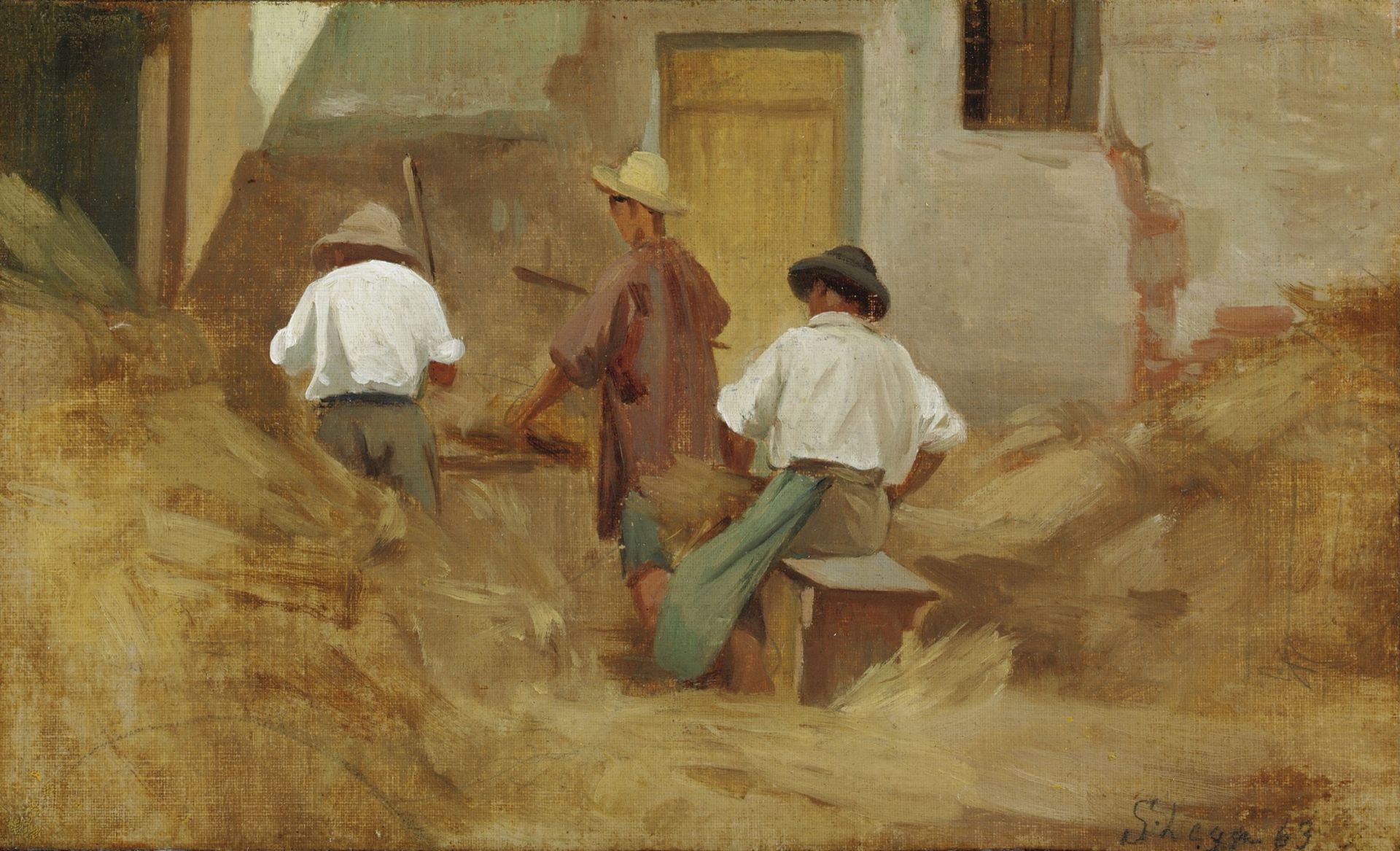 Peasants beating hay by Silvestro Lega
