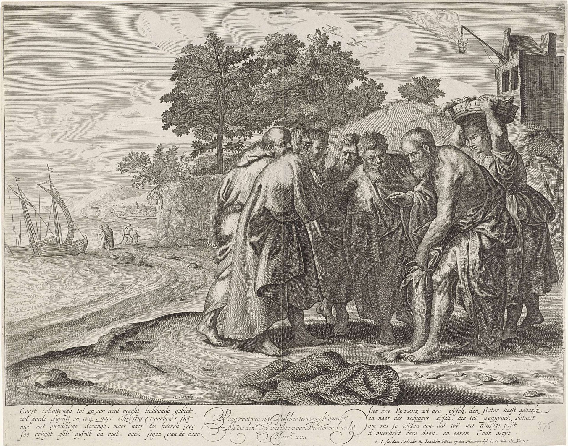 Petrus vindt een munt in de bek van een vis by Salomon Savery