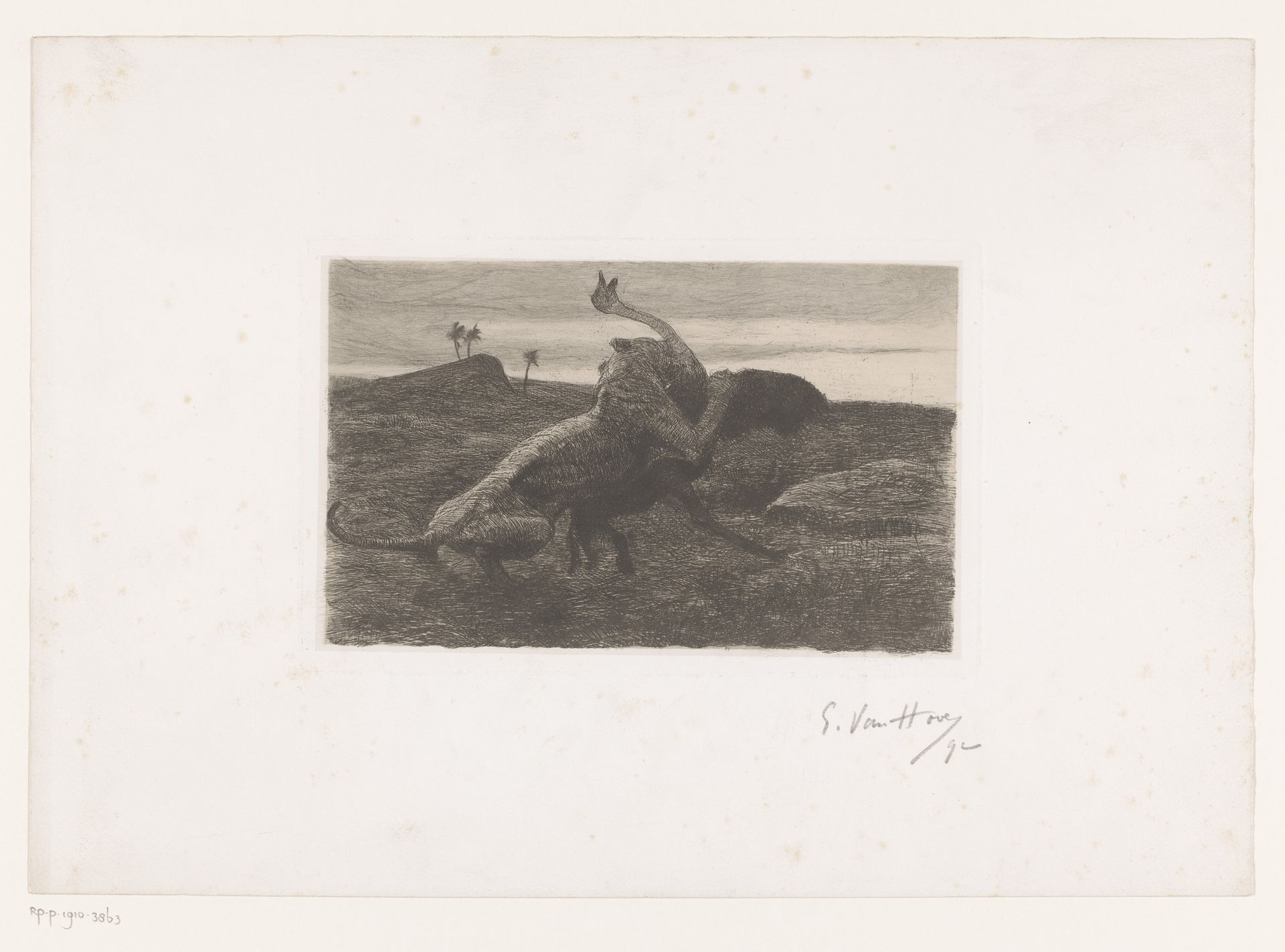 Gevecht tussen een leeuw en een struisvogel by Eugène Van Hove