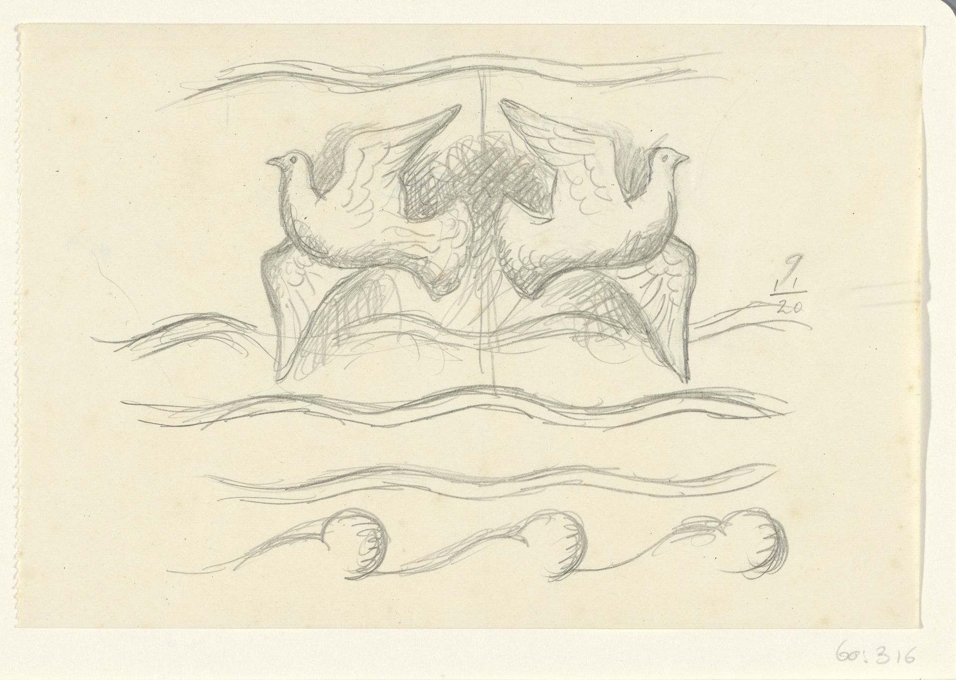 Twee vliegende duiven boven de zee by Leo Gestel