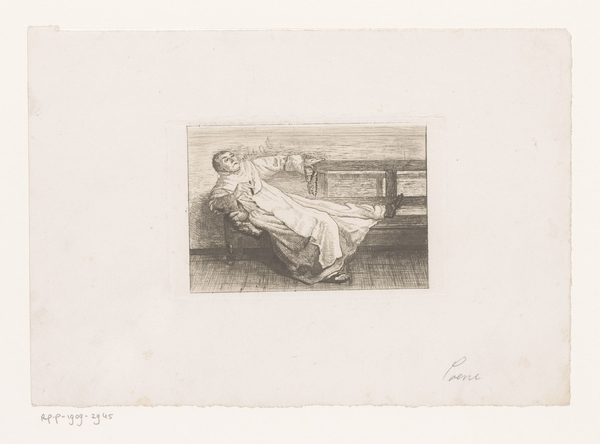 Monnik liggend op een bank met rozenkrans en sigaar in zijn handen by Jean Baptiste Coene