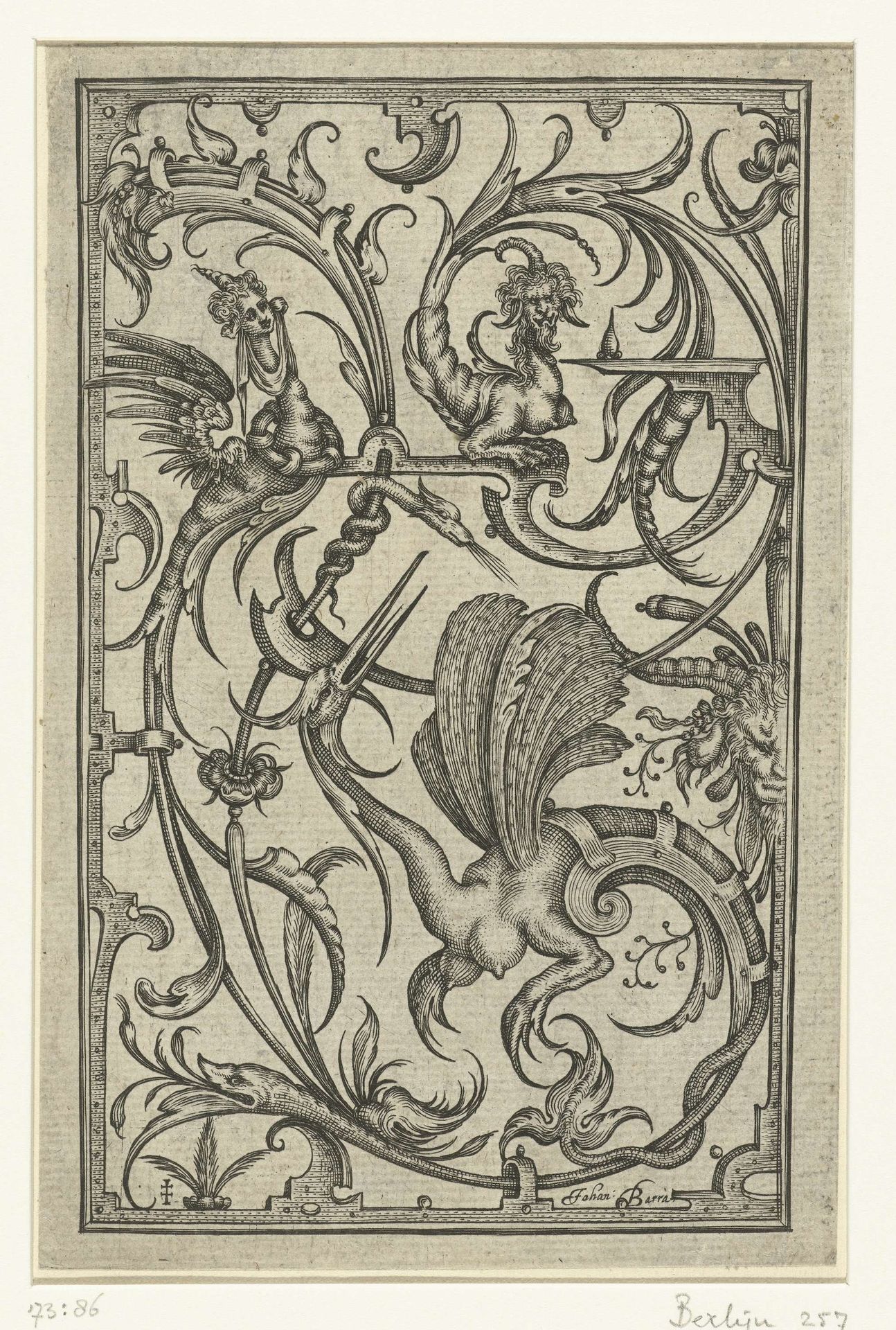 Paneel met bladranken die uitlopen in drie groteske monsters by Johan Barra
