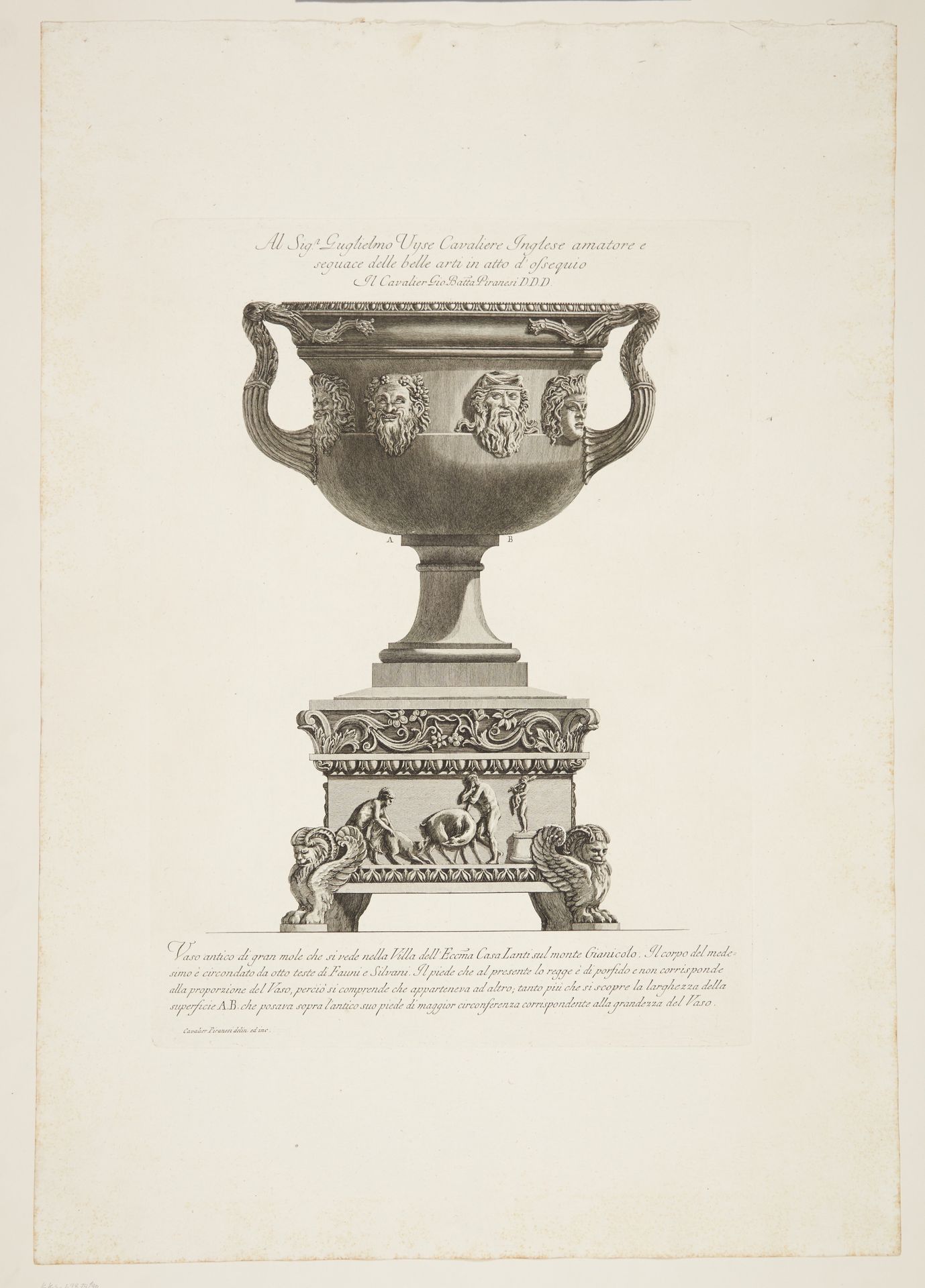 Two handed vase with masks on a base from another such work by Giovanni Battista Piranesi
