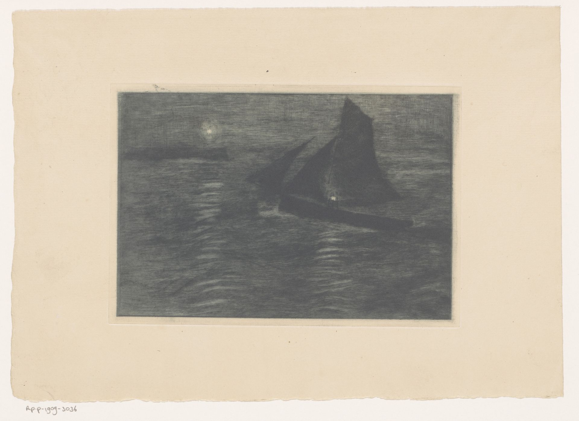 Zeilschip nabij de kust in het donker by Omer Coppens