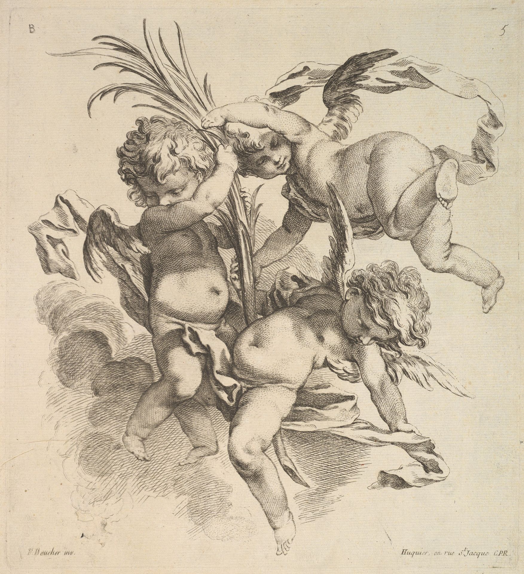 Three Children Among Clouds Near a Palm Leaf by Gabriel Huquier