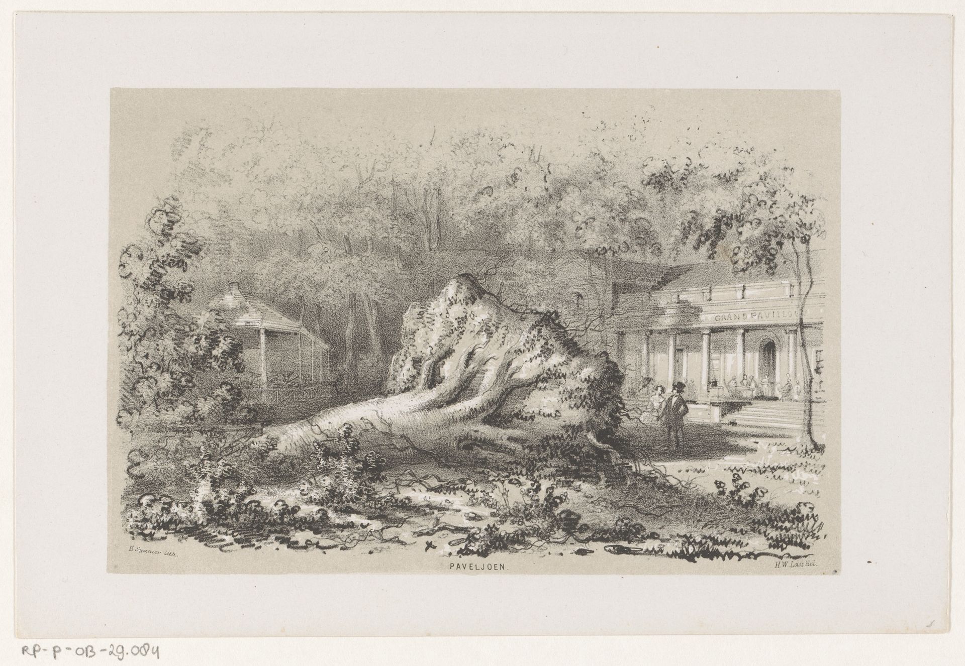 Omgewaaide boom bij het Paviljoen, na de storm van 28 mei 1860 by Hendrik Wilhelmus Last