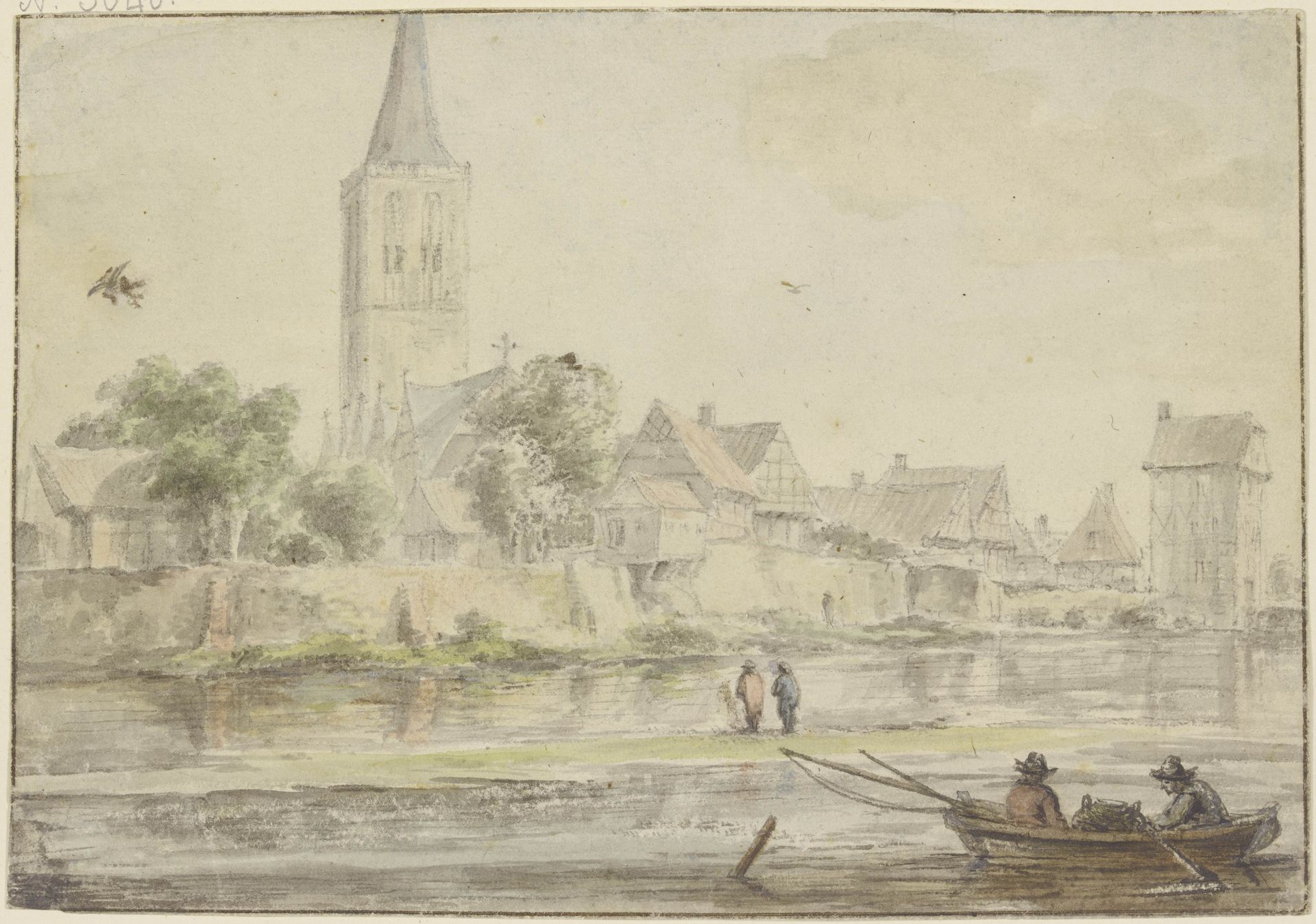 Stadt am Wasser mit Kirche, rechts ein Turm, vorne Kahn mit zwei Personen by Jacob van Ruisdael