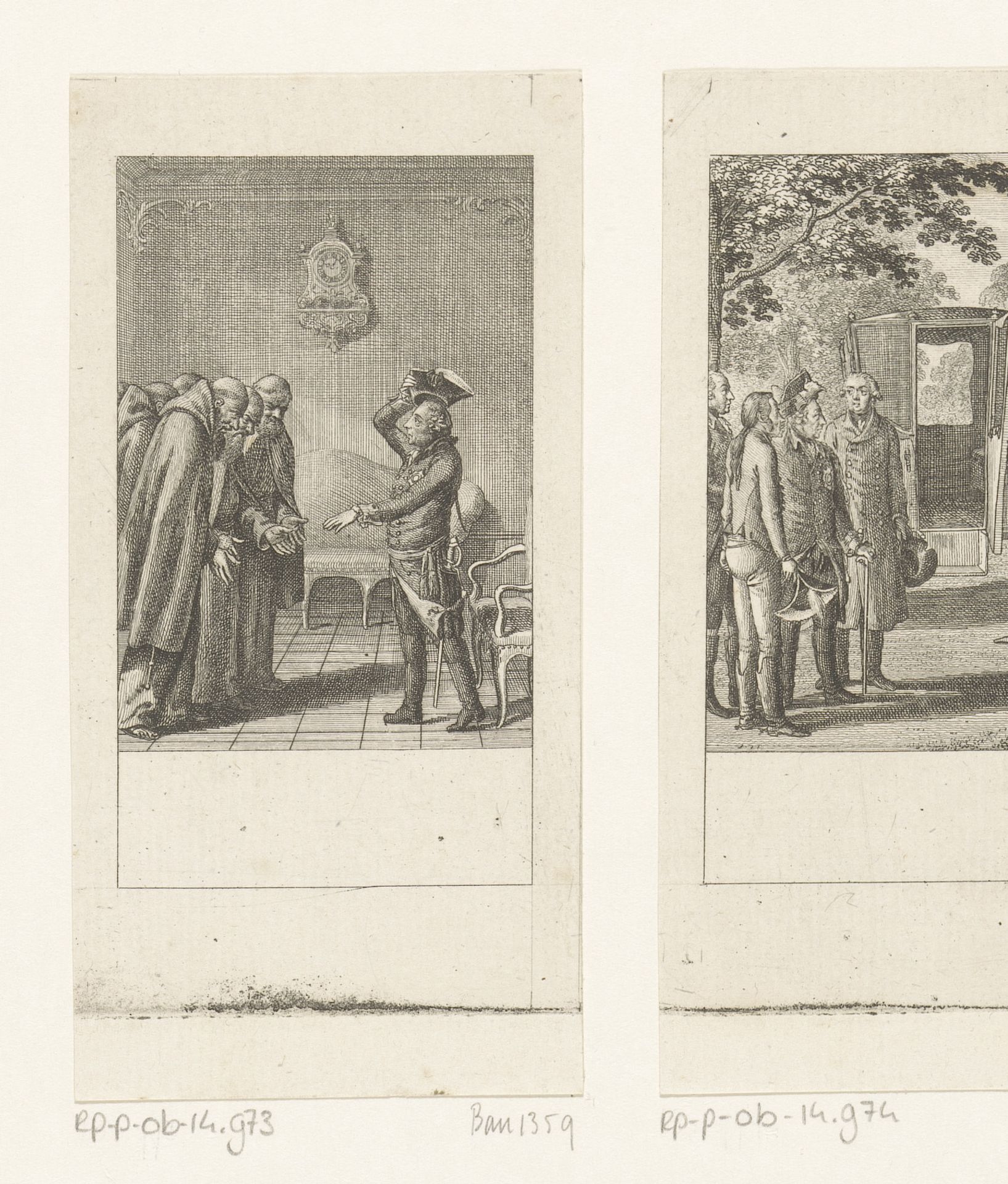 Frederik II bedankt de kapucijner monniken in Breslau by Daniel Nikolaus Chodowiecki