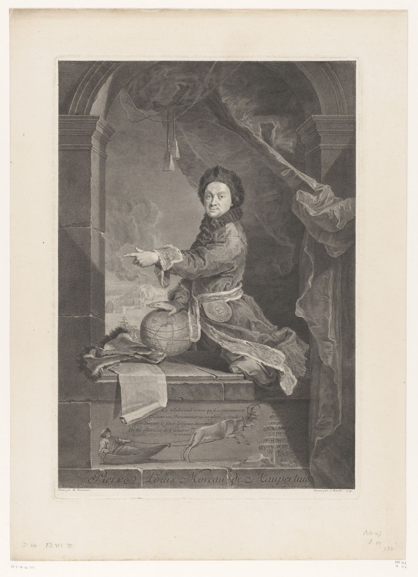 Portret van Pierre-Louis Moreau de Maupertuis in een portiek by Jean Daullé