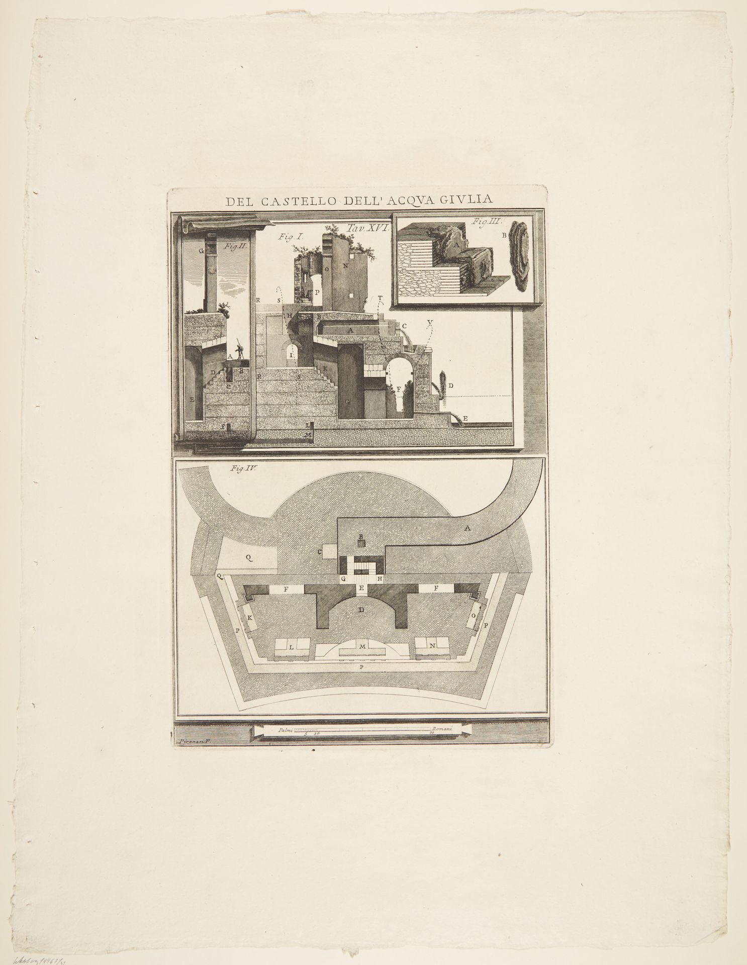 Sections, detail of construction and plan of a fountain by Giovanni Battista Piranesi