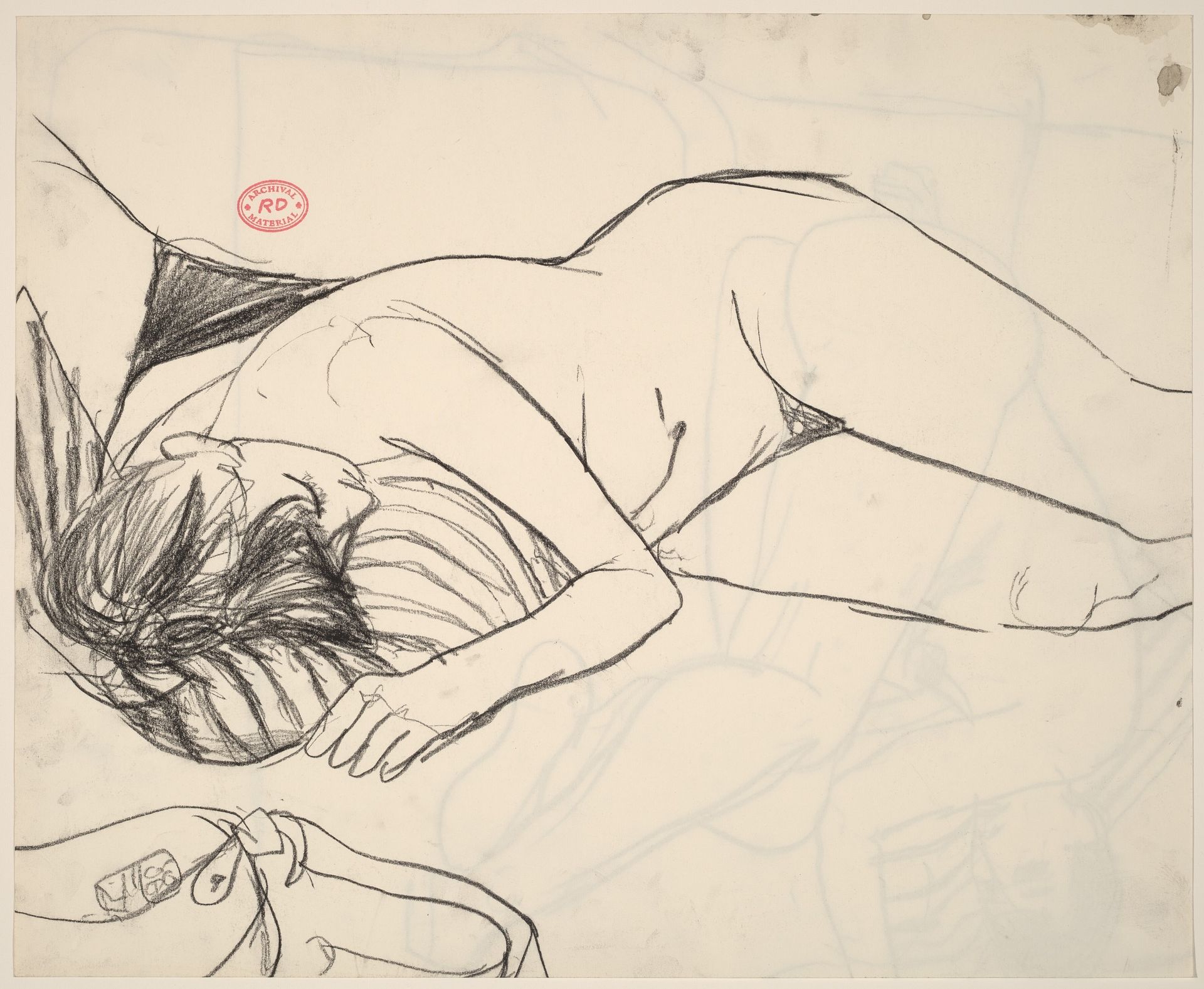 Untitled [female nude resting on a striped pillow] [recto] by Richard Diebenkorn