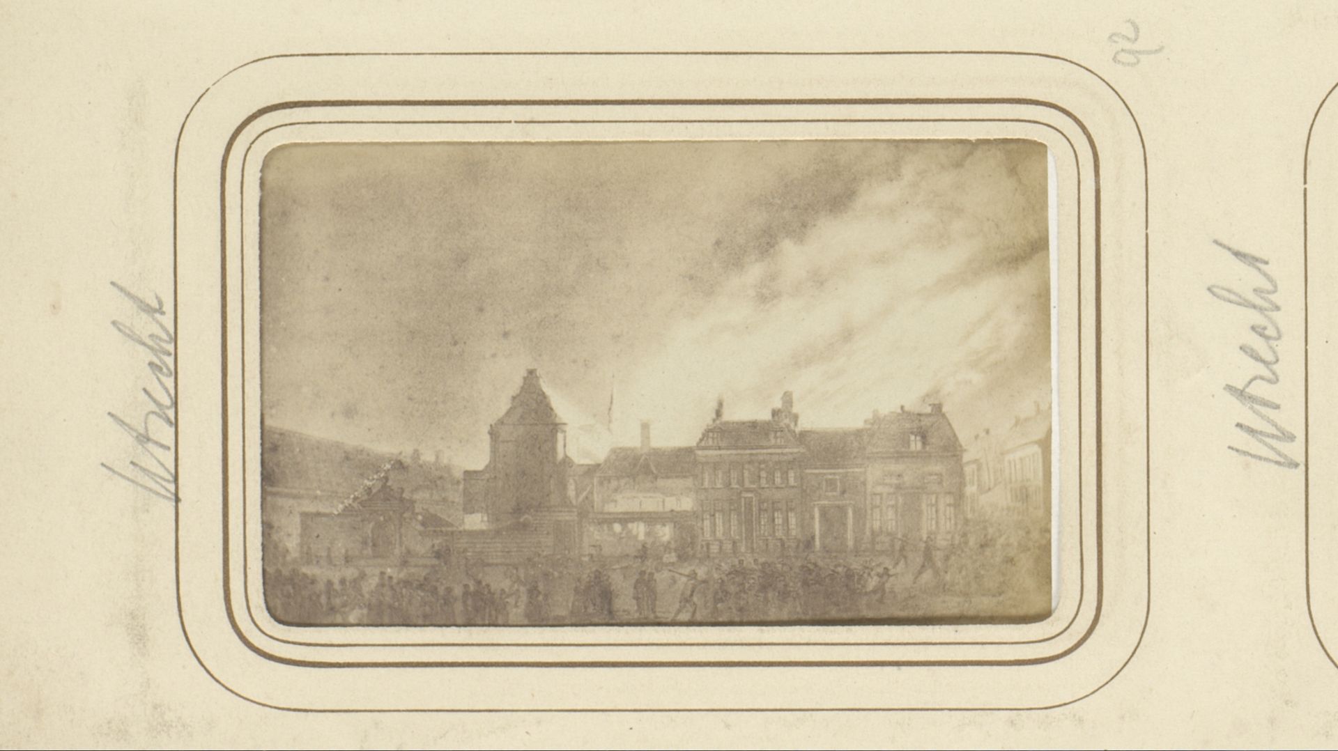Fotoreproductie van een ontwerp met afgebeeld een brand in Utrecht by Willem Cornelis van Dijk