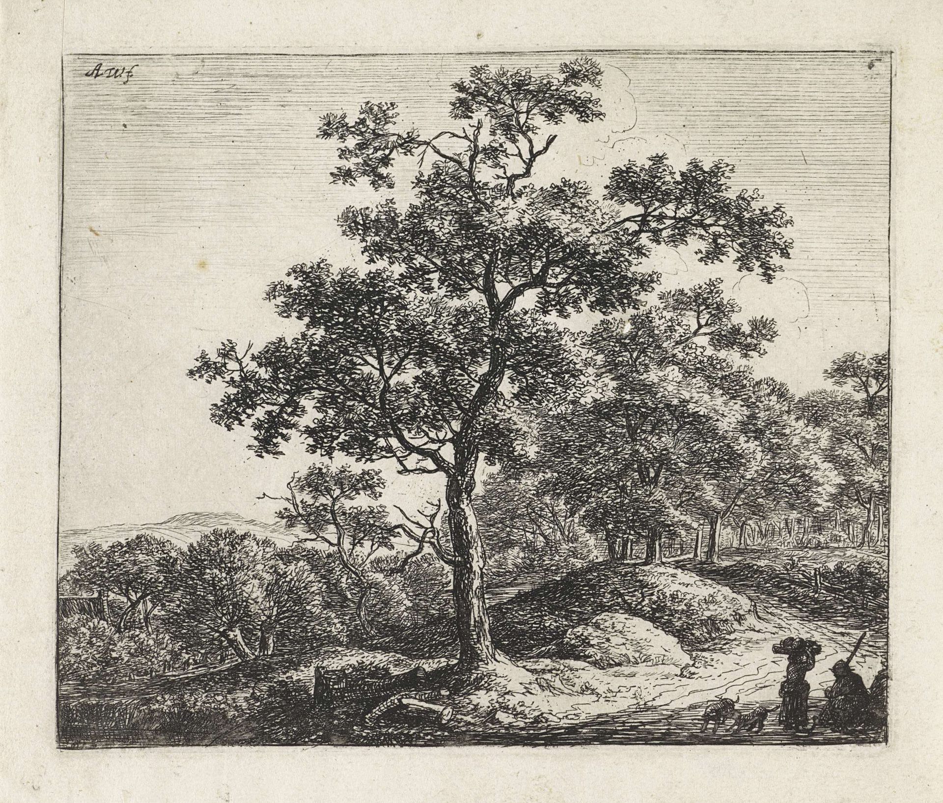 Rustende figuren met twee honden langs een bospad by Anthonie Waterloo