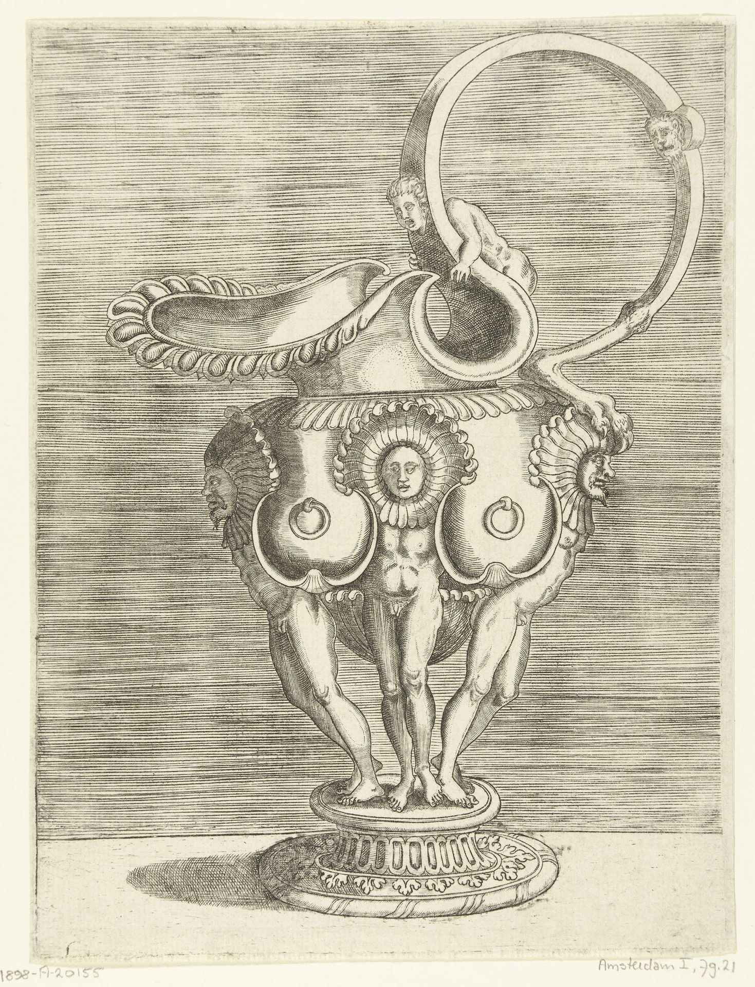 Kan met oor, gedragen door drie figuren by Balthazar van den Bos
