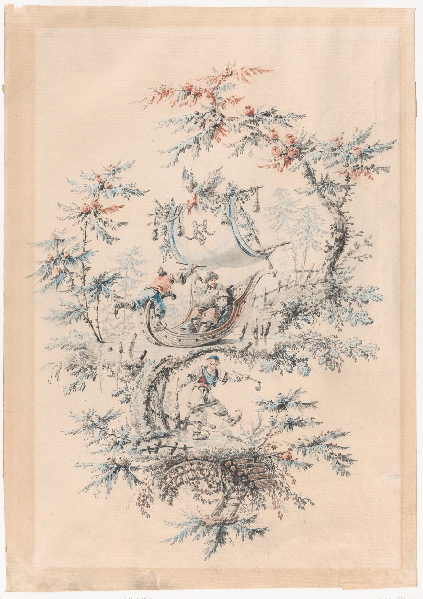 Fantastical Landscape with Exotic PLants, Two Skaters and a Man in an Iceboat by Jean Pillement