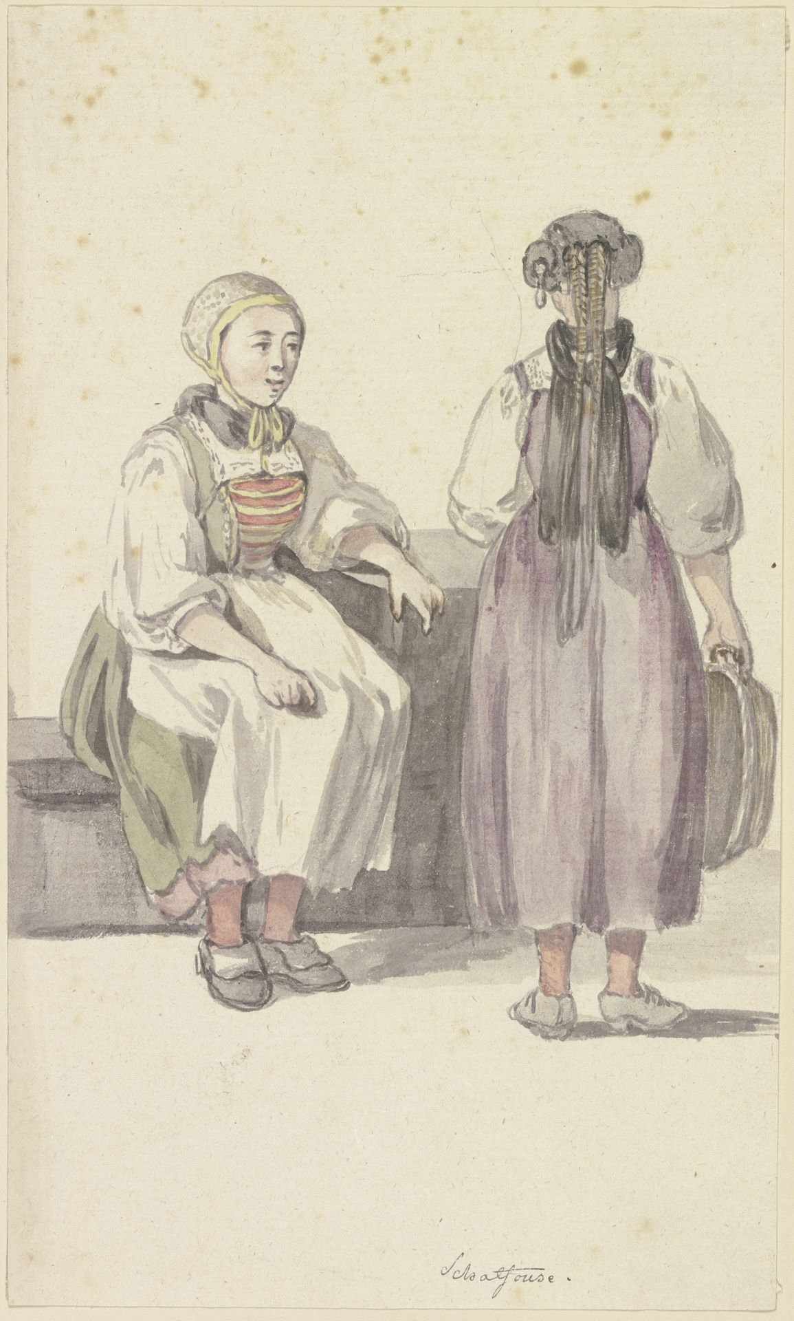 Zwei junge Bäuerinnen in Schaffhausen, die linke sitzend, die rechte in Rücknansicht stehend by Georg Melchior Kraus