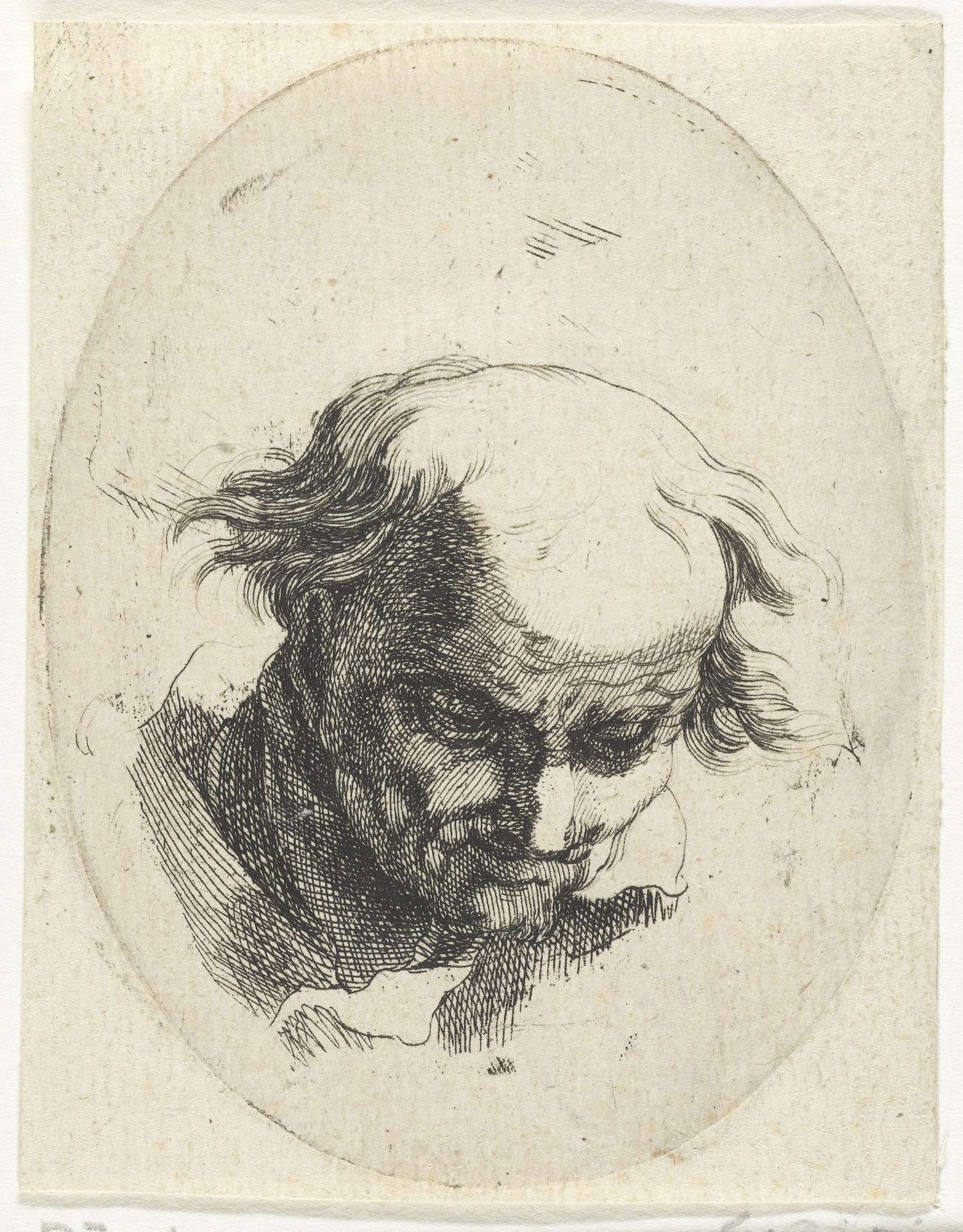 Kop van een oude man naar beneden kijkend by Jan de Bisschop