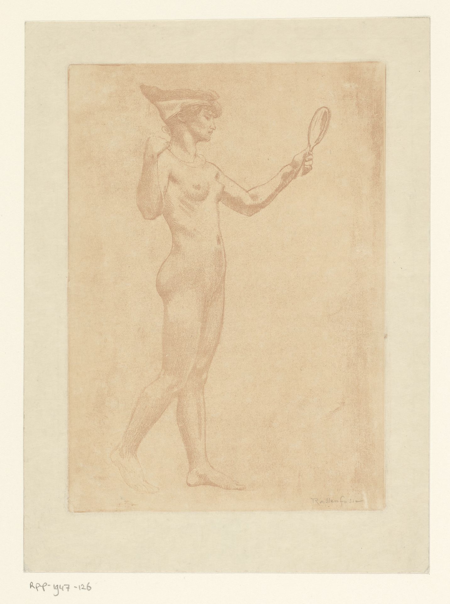 Staande naakte vrouw met spiegel in haar hand by Armand Rassenfosse