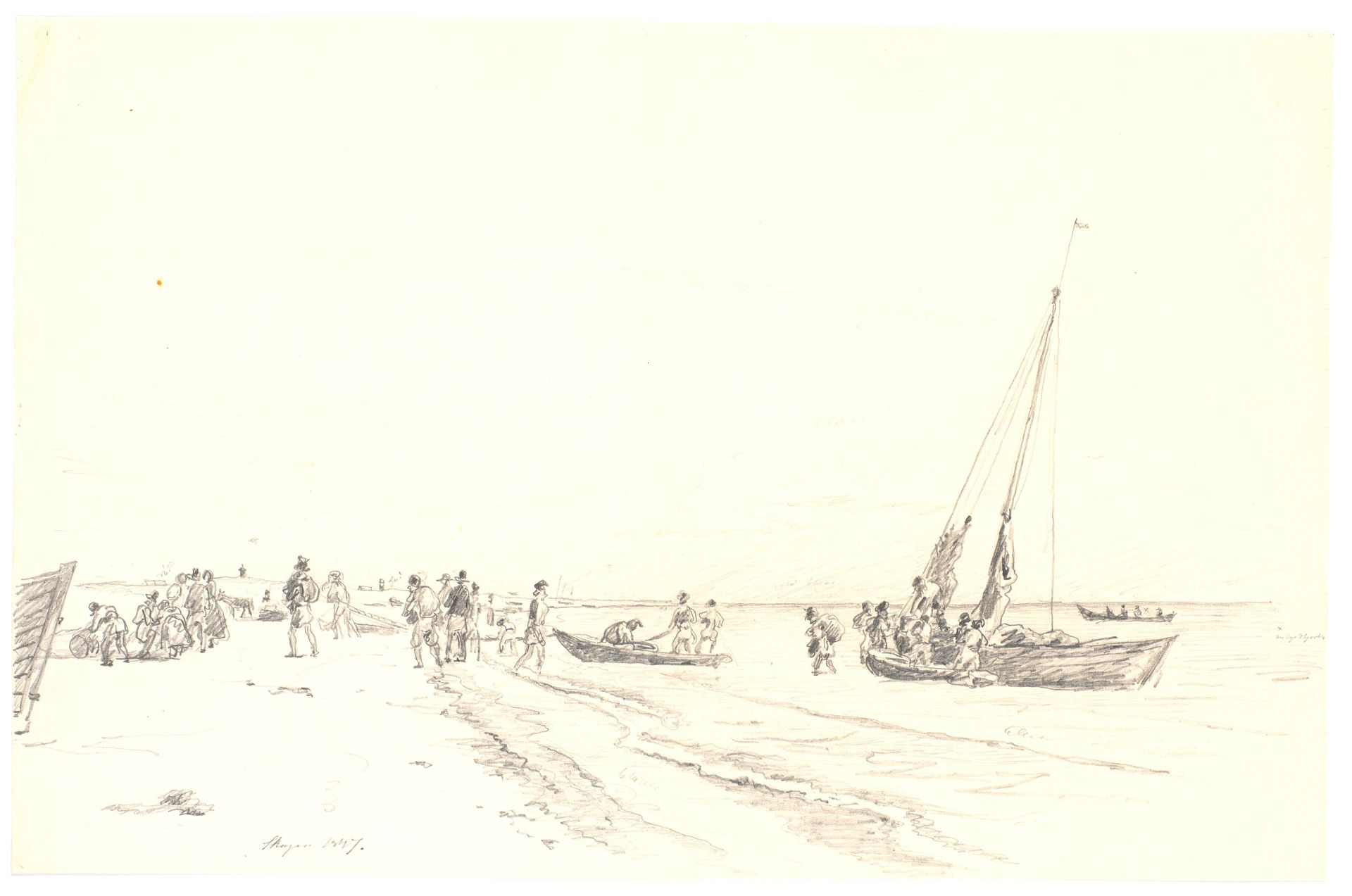 Fiskere går i land fra en større båd, Skagen by Martinus Rørbye