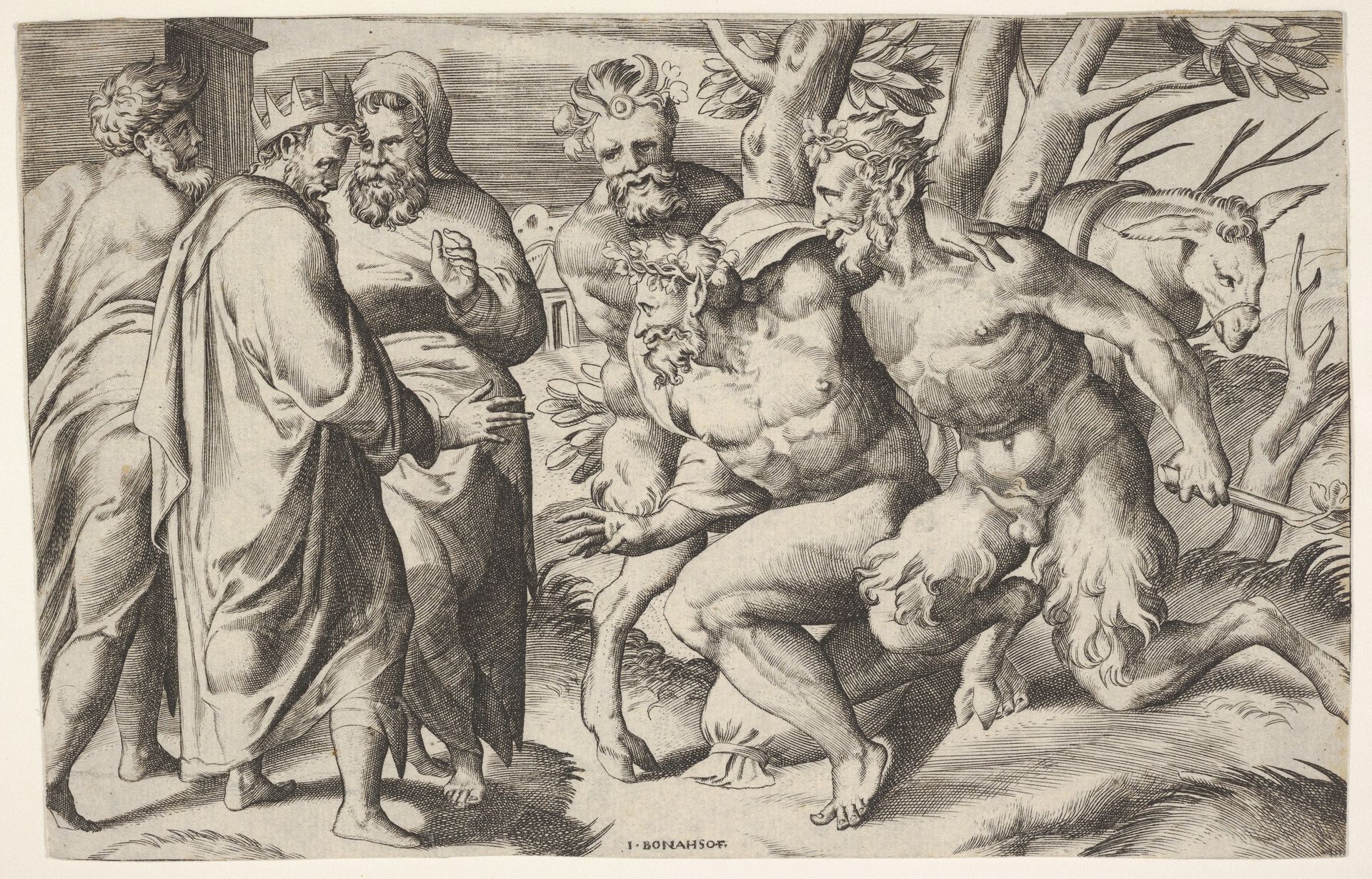 Two satyrs leading Silenus to King Midas, who stands at left with two male attendants, a mule trails behind the satyrs by Giulio Bonasone