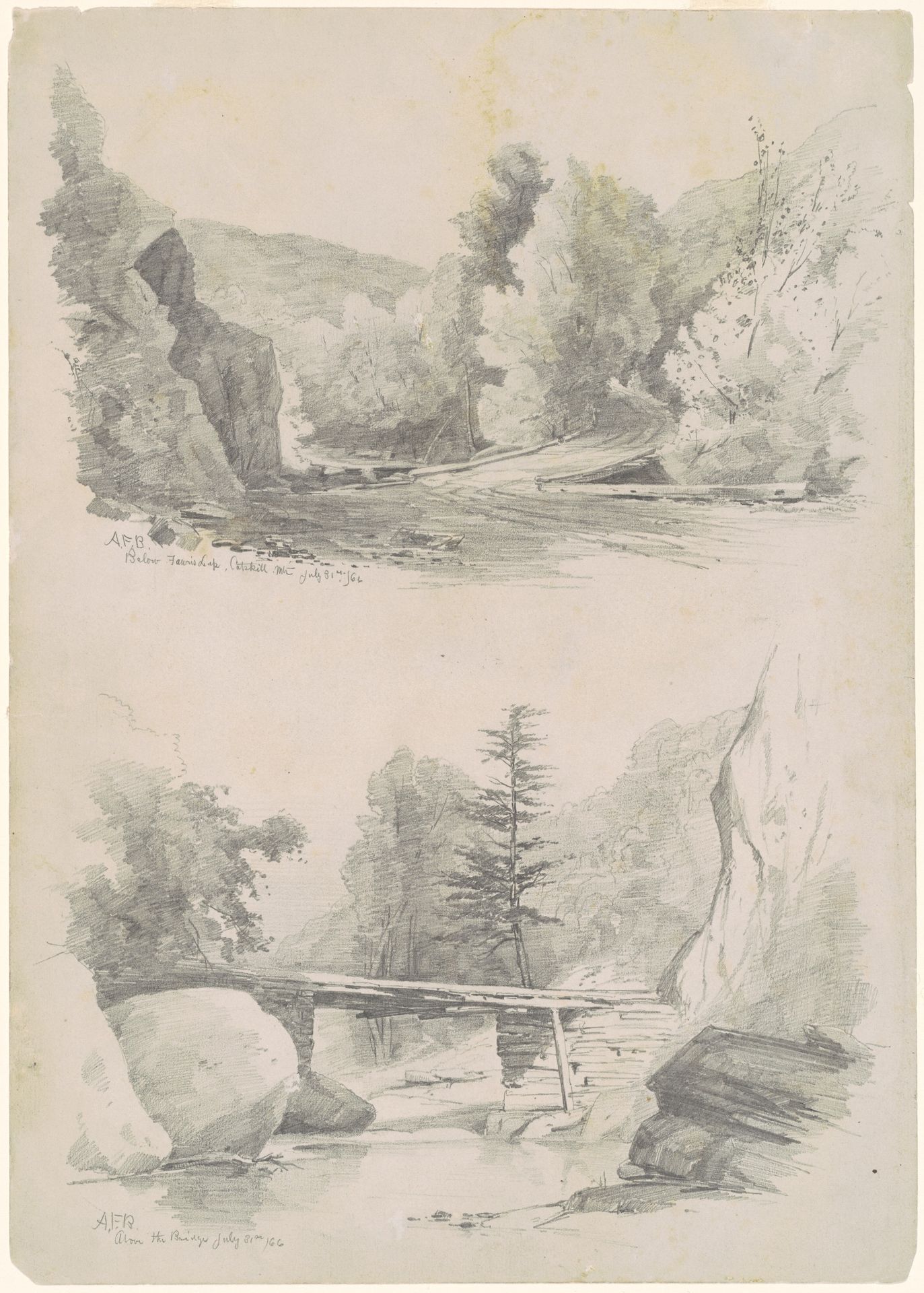 Below Fawn's Leap, Catskill Mountains; and Above the Bridge by Andrew Fisher Bunner