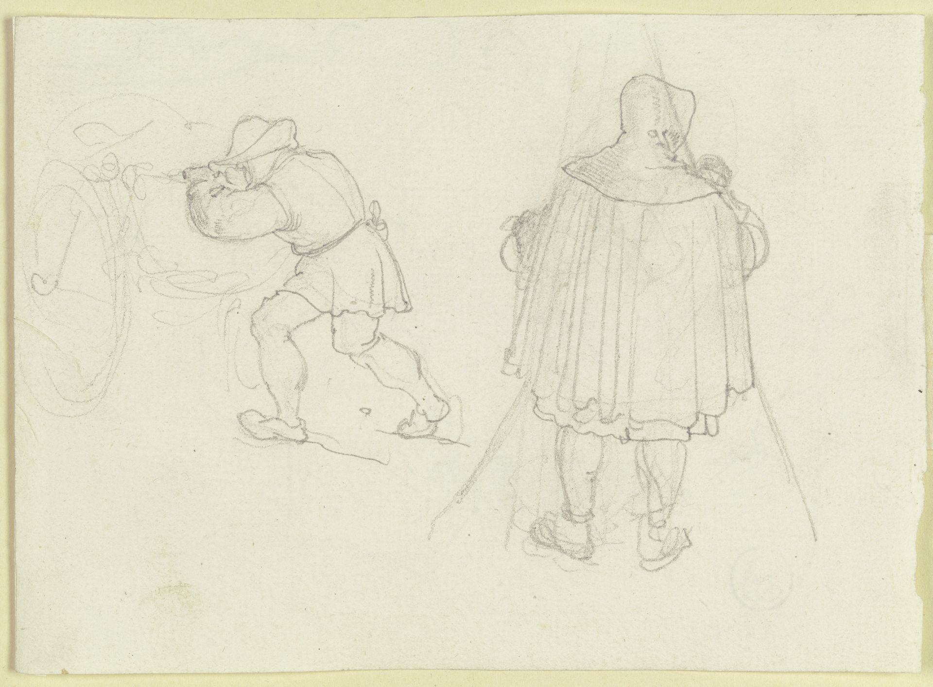 Vorgebeugter, an einem Wagen hantierender Mann sowie eine männliche Rückenfigur mit weitem Mantel, Kapuze und Stab (Pilger_), beide in Kostümen des 16. Jahrhunderts by Carl Philipp Fohr