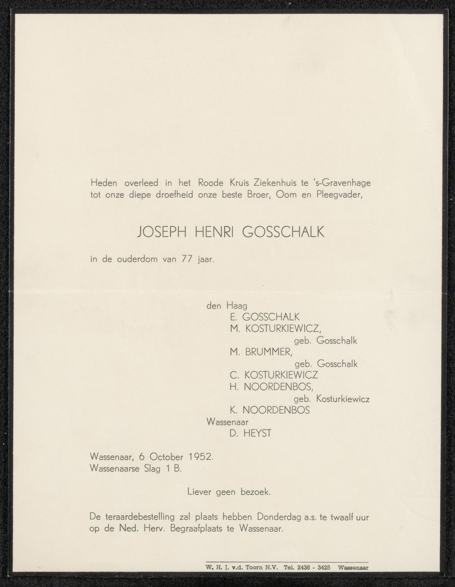 Overlijdensbericht aan jonkheer Hendrik Teding van Berkhout (1879-1969) by Anonymous